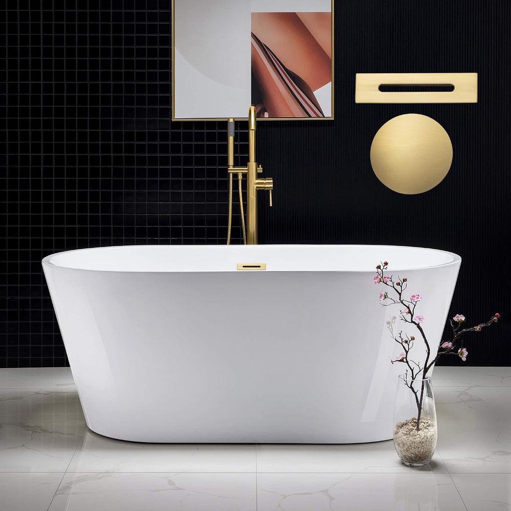 WOODBRIDGE 59' Acrylic Freestanding Bathtub Contemporary Soaking White Tub with Brushed Gold Overflow and Drain,B0014-BG