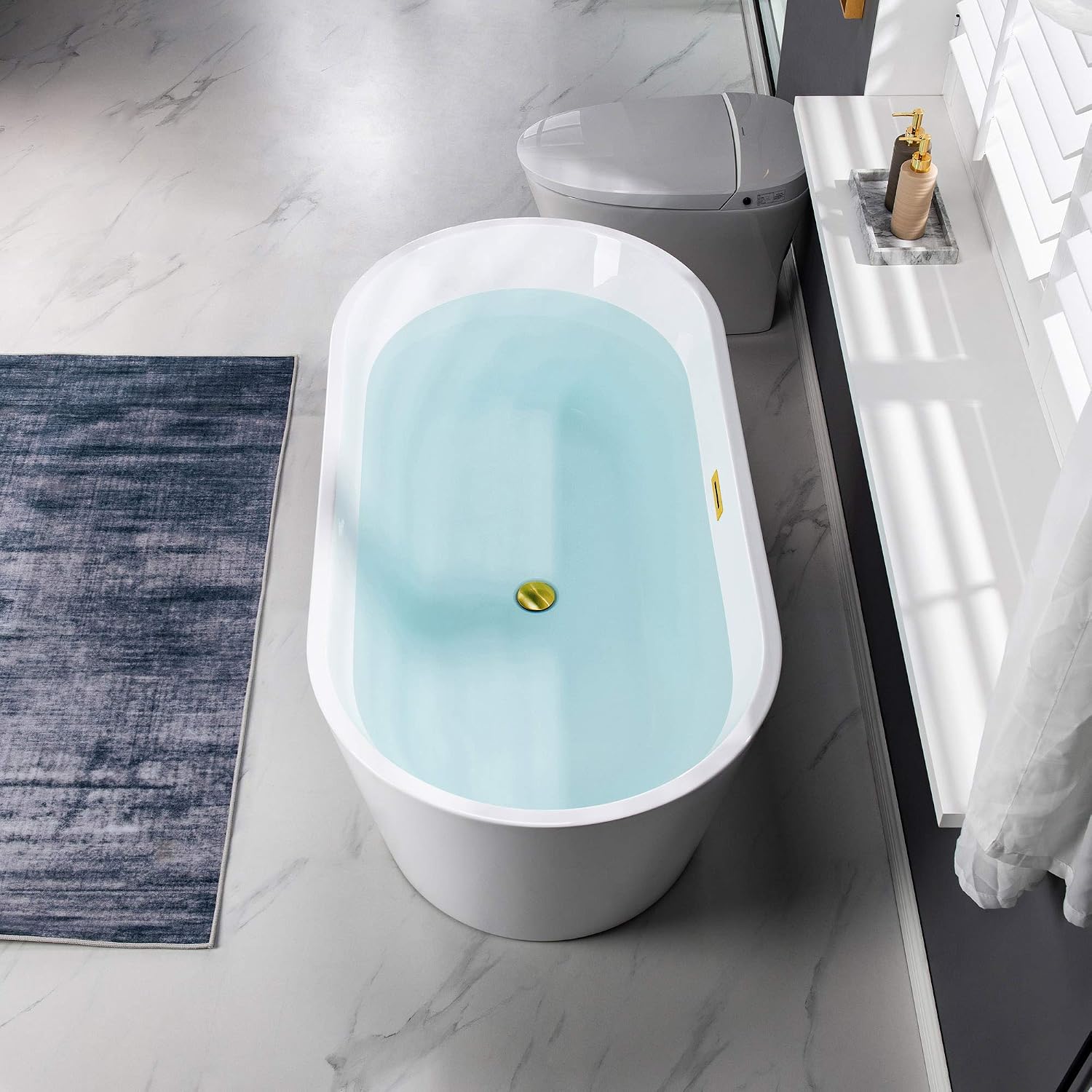 WOODBRIDGE 54' Acrylic Freestanding Bathtub Contemporary Soaking White Tub with Brushed Gold Overflow and Drain,B1702-BG