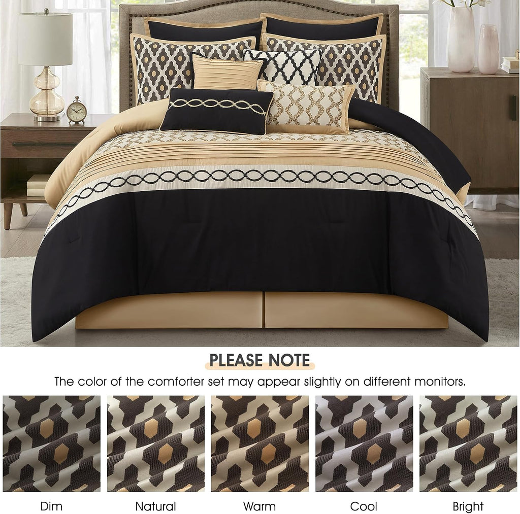 LANCO MODERN LIFESTYLE Queen Comforter Set, Black Gold, 10 Piece Bed in a Bag for All Seasons, Luxury Extreme Comfort Bedding Sets with Bedskirt, Pillow Shams, Euro Shams and Decor Pillows