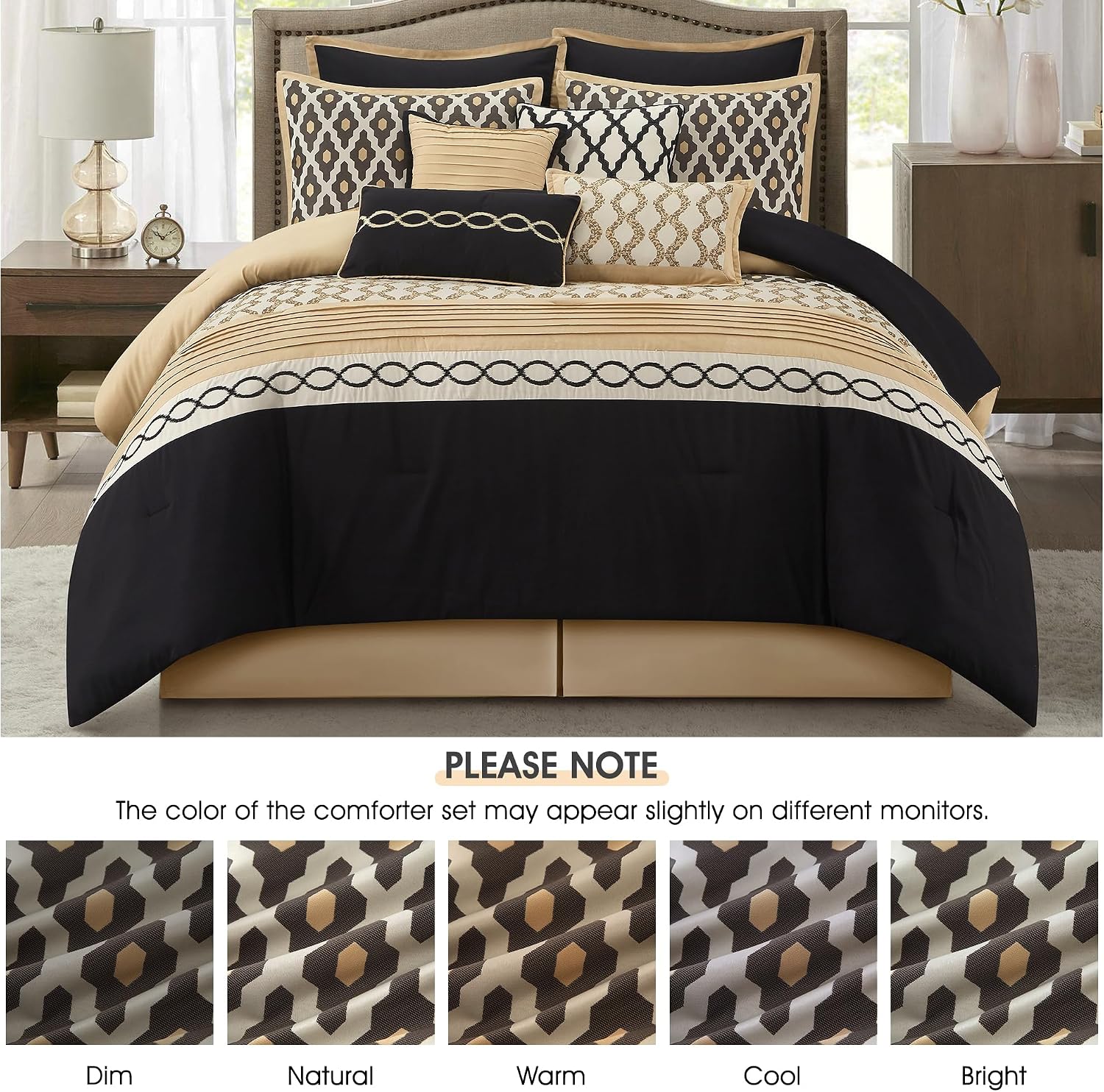 LANCO MODERN LIFESTYLE Queen Comforter Set, Black Gold, 10 Piece Bed in a Bag for All Seasons, Luxury Extreme Comfort Bedding Sets with Bedskirt, Pillow Shams, Euro Shams and Decor Pillows