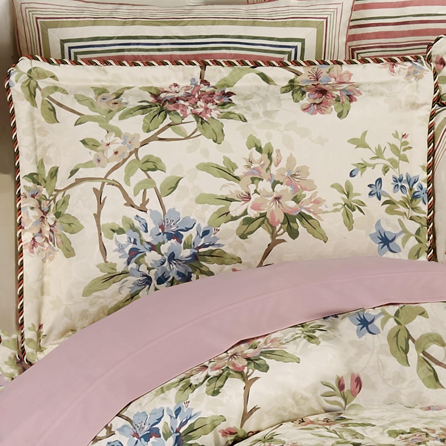 Chatsworth Cottage Country Polyester Jacquard Woven Bedding | Classic Traditional Flower Stripe Floral | Cream Ivory Rose Sage Blue Latte | Washable | 4 Pc Set King Comforter, Bedskirt, 2 Shams