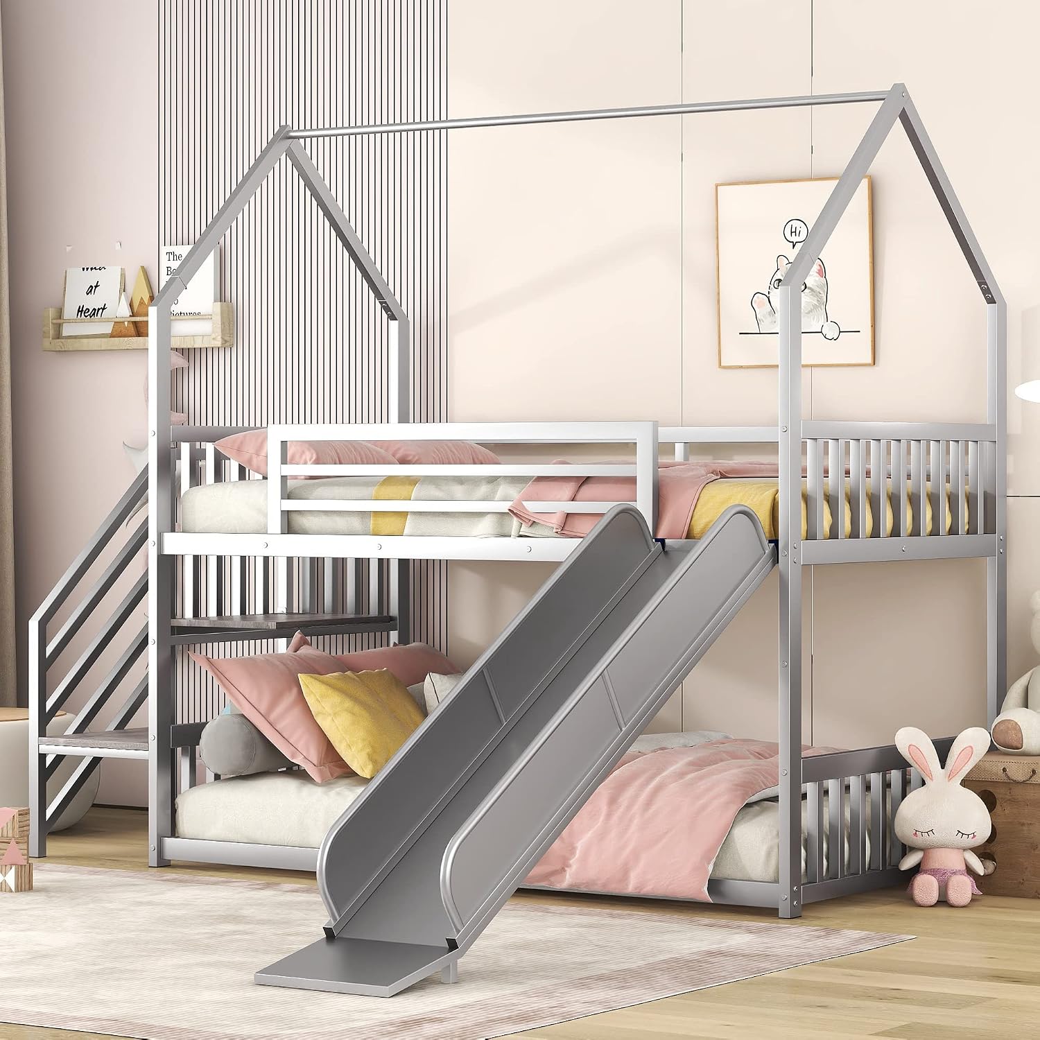 MERITLINE Metal Bunk Bed Twin Over Twin Bunk Bed Frame with Slide and Stairway,Twin Over House Bed with Guardrails