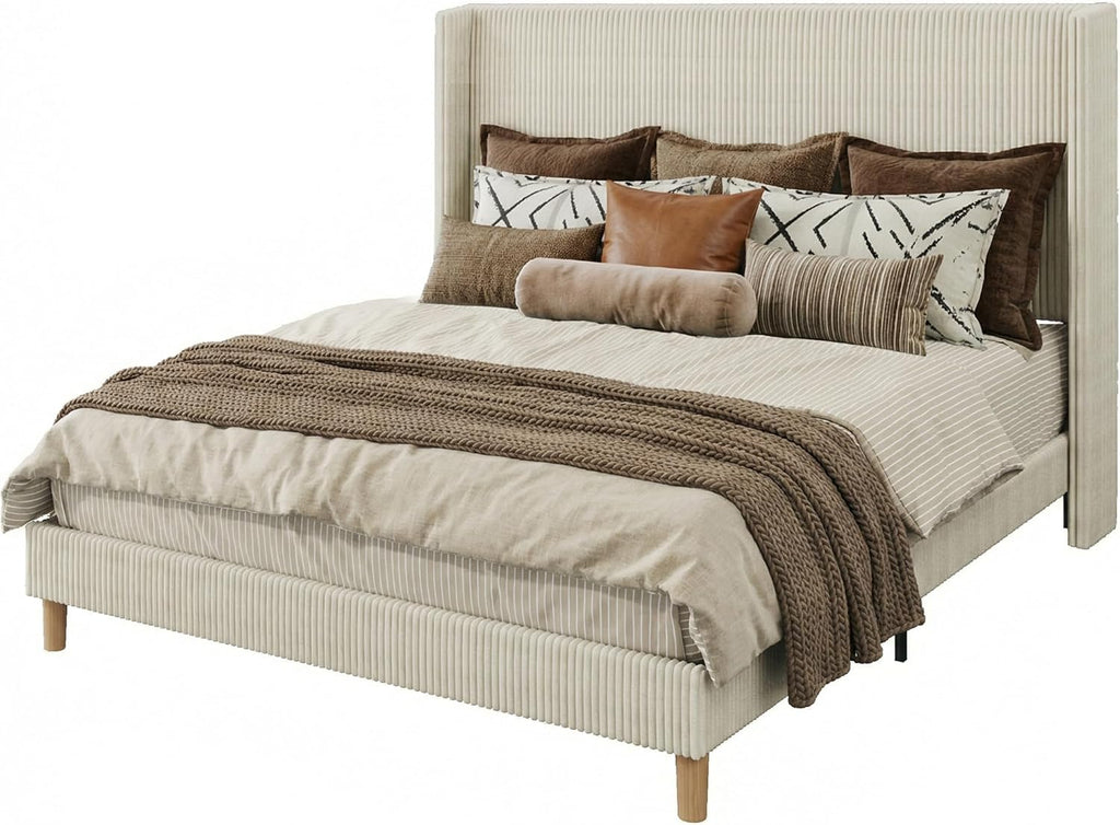 HUAHUU Queen Bed Frame with 51.2' Tall Headboard, Corduroy Upholstered Bed Frame with Wingback, Platform Bed with Wooden Slats Support, Easy Assembly, No Box Spring Needed, Beige