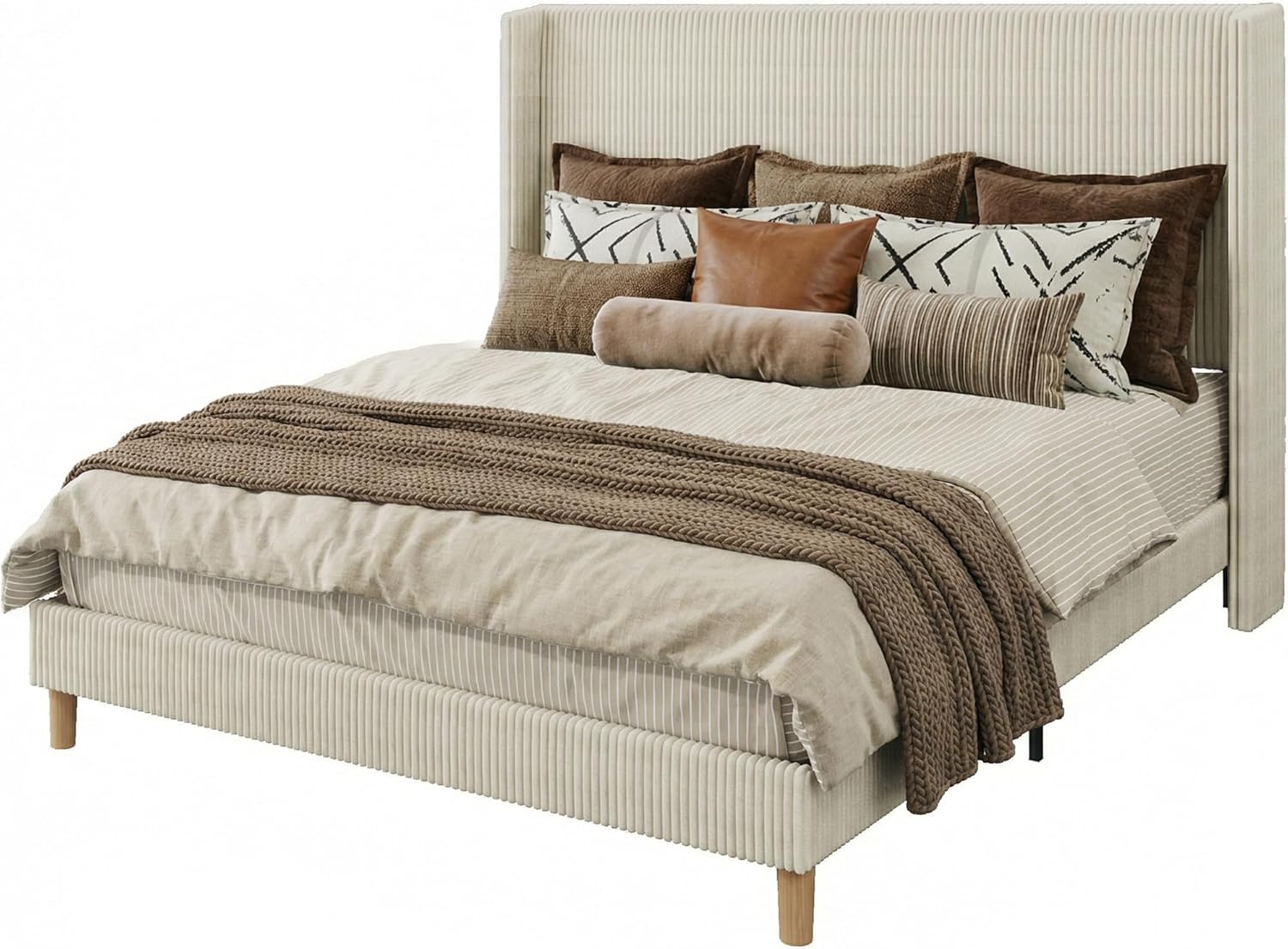 HUAHUU Queen Bed Frame with 51.2' Tall Headboard, Corduroy Upholstered Bed Frame with Wingback, Platform Bed with Wooden Slats Support, Easy Assembly, No Box Spring Needed, Beige