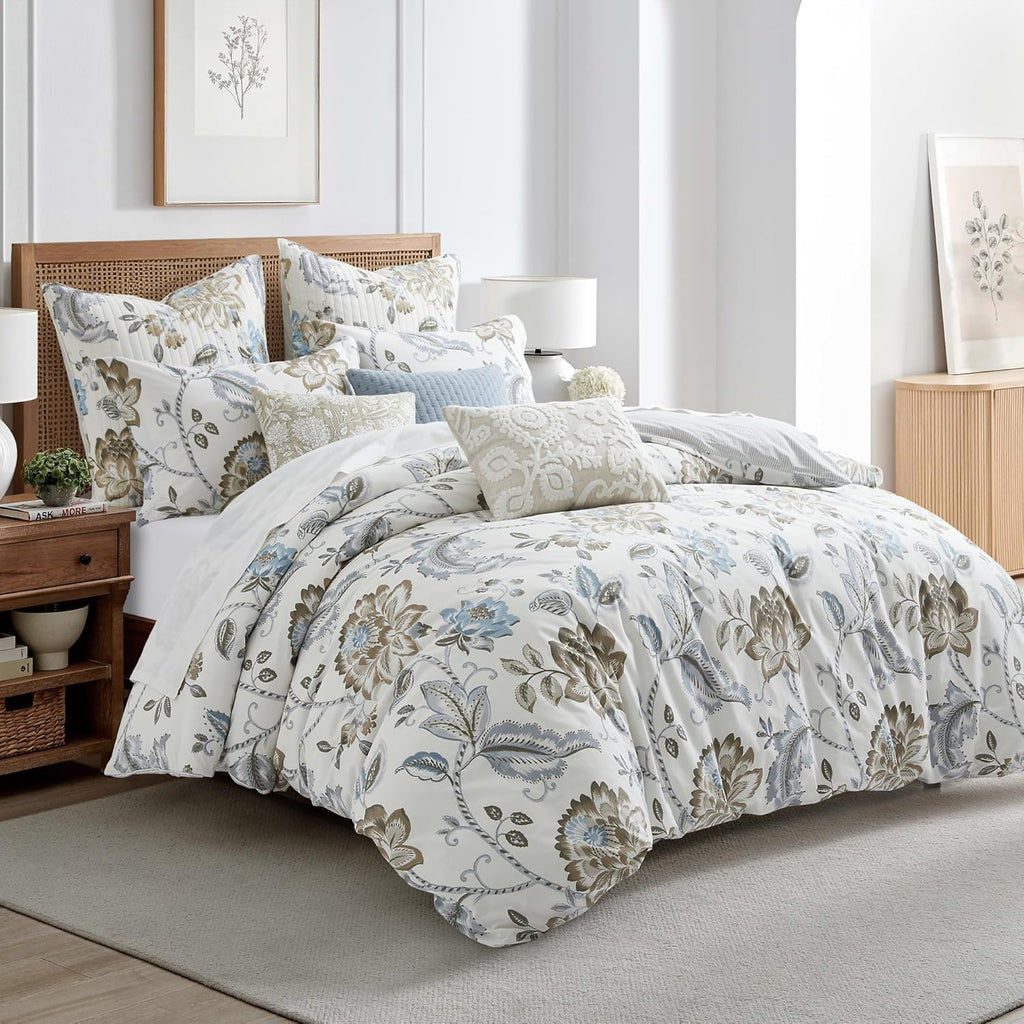 Levtex Home - Maileen Neutral Blue Comforter Set - Full/Queen Comforter (90x94in) and 2 Standard Shams (20x26in) - Floral Vine Design - Neutral Tones - Cotton with Polyester Fill | Reversible