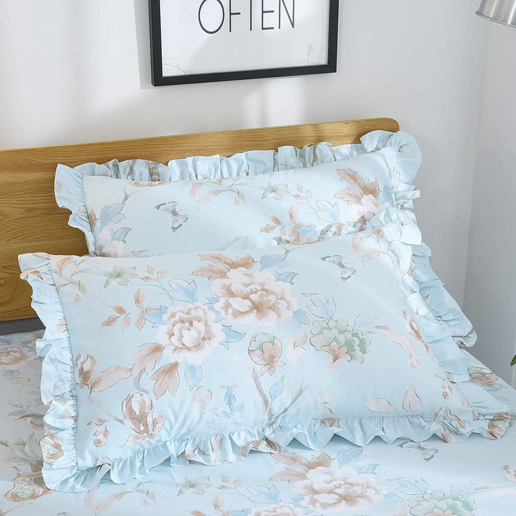 FADFAY Farmhouse Floral Bedding Shabby Blue Bird Print French Countryside Chic Bedding Set Luxury Bedskirt Collections 800 Thread Count 100% Egyptian Cotton, 4 Piece-California King Size