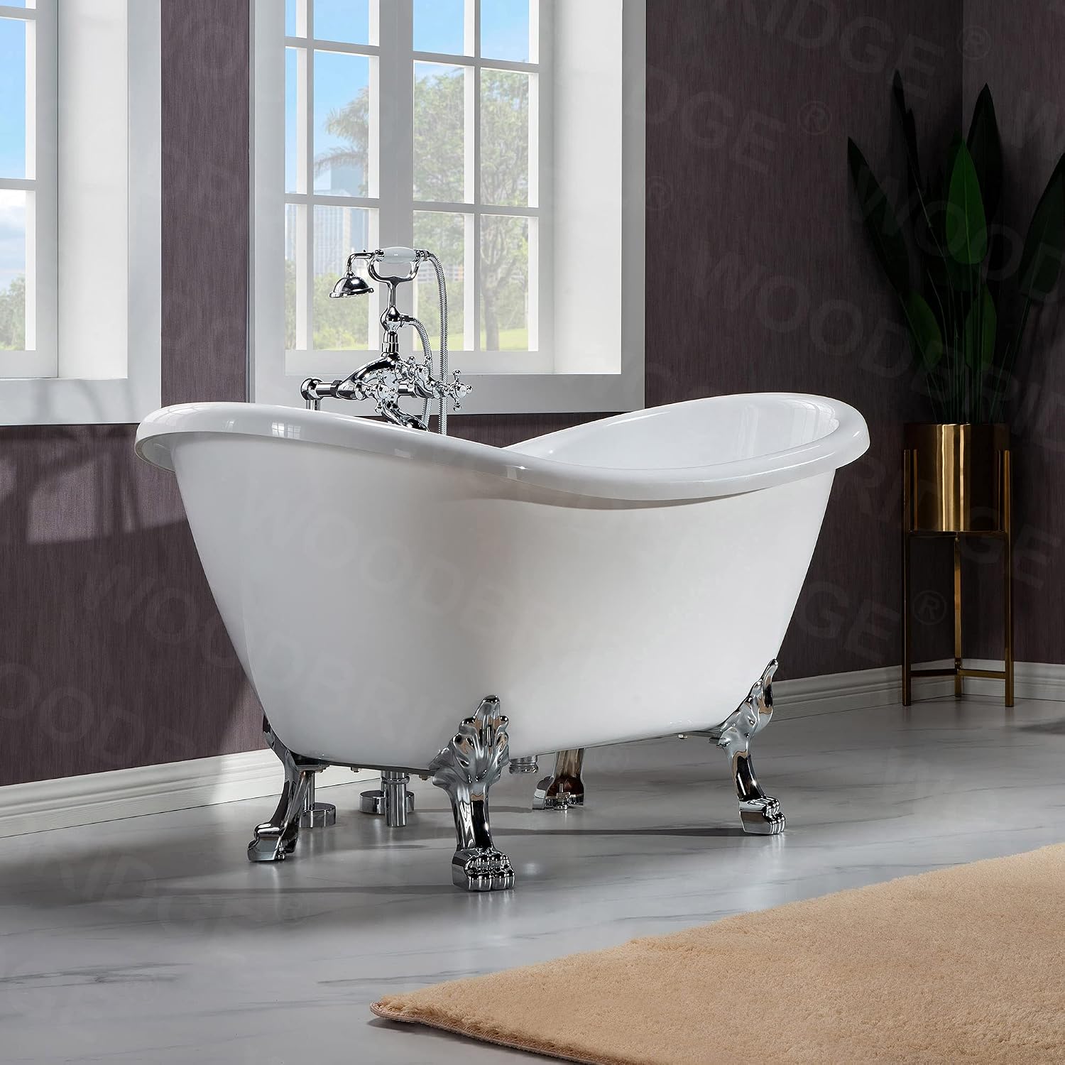 WOODBRIDGE 59' Heavy Duty Acrylic Double Slipper Clawfoot Bath Tub with Chrome Feet + Chrome Drain &Overflow