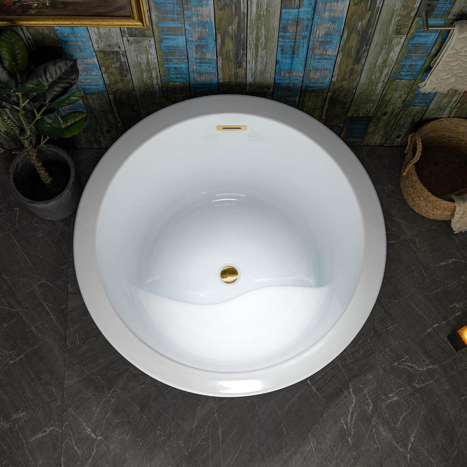 WOODBRIDGE 41' Acrylic Freestanding Round Contemporary Soaking Tub with Pre-molded Seat and Brushed Gold Overflow and Drain Option, White