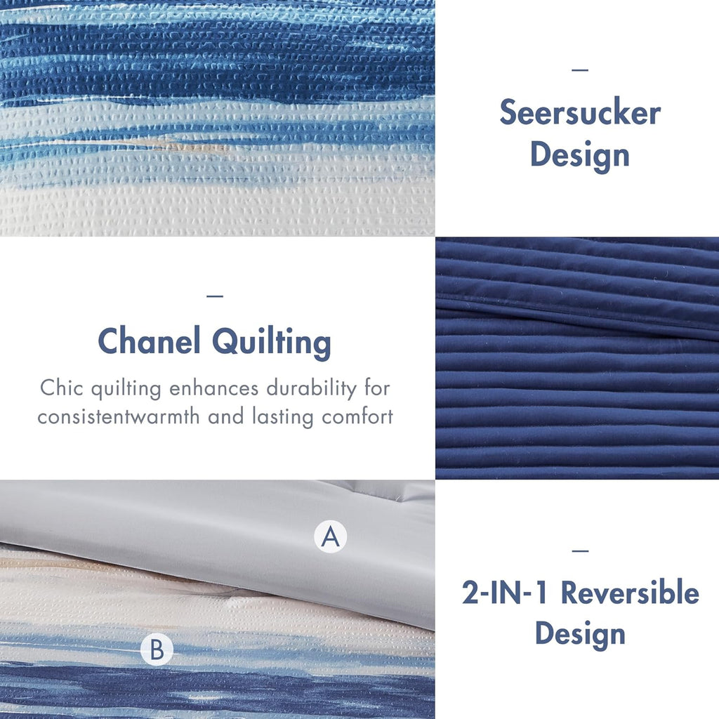 Madison Park Marina Comforter Quilt Combo Set - Modern Luxury Design, All Season Down Alternative Bedding, Matching Shams, Decorative Pillows, King/Cal King(104'x92') Seersucker Blue 8 Piece