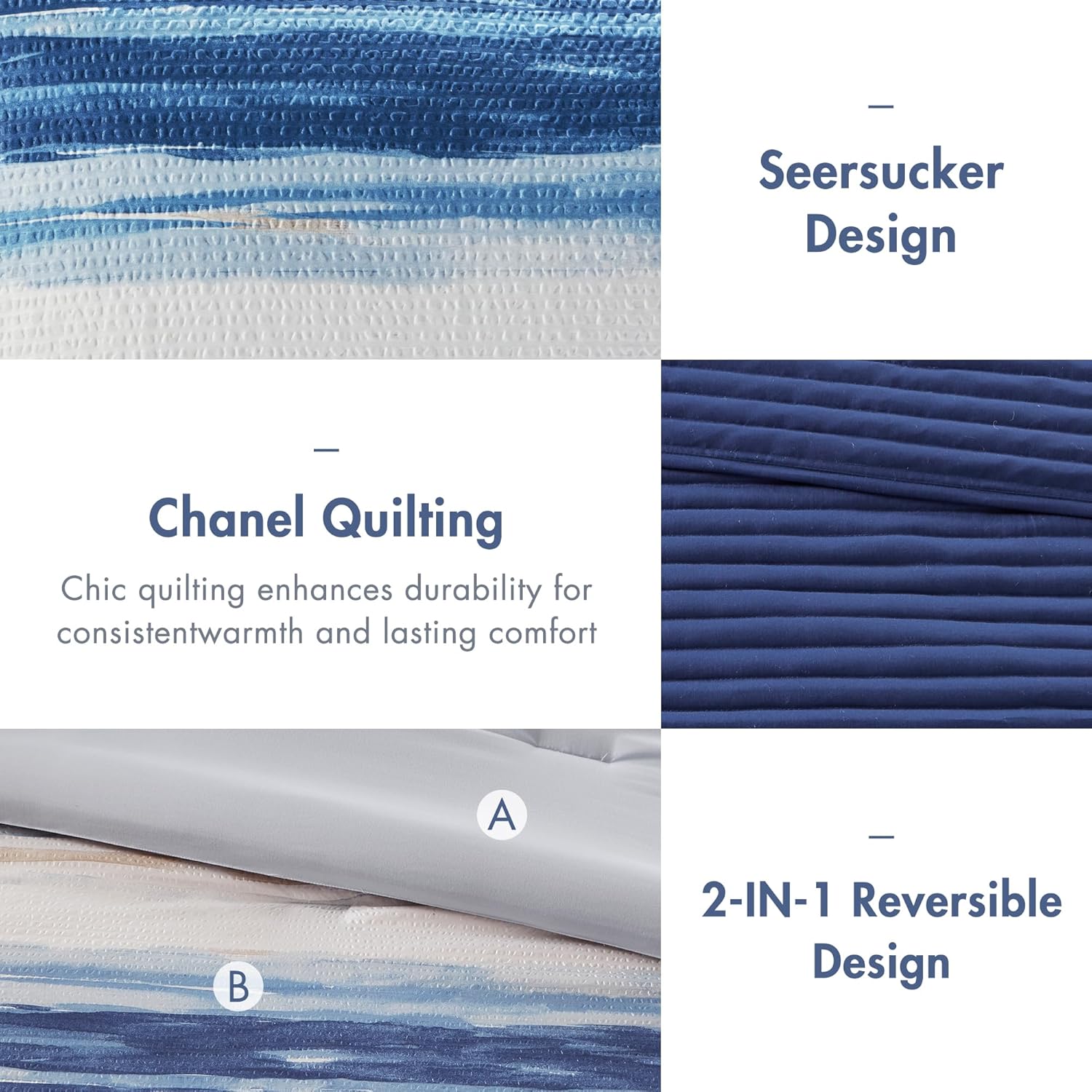 Madison Park Marina Comforter Quilt Combo Set - Modern Luxury Design, All Season Down Alternative Bedding, Matching Shams, Decorative Pillows, King/Cal King(104'x92') Seersucker Blue 8 Piece