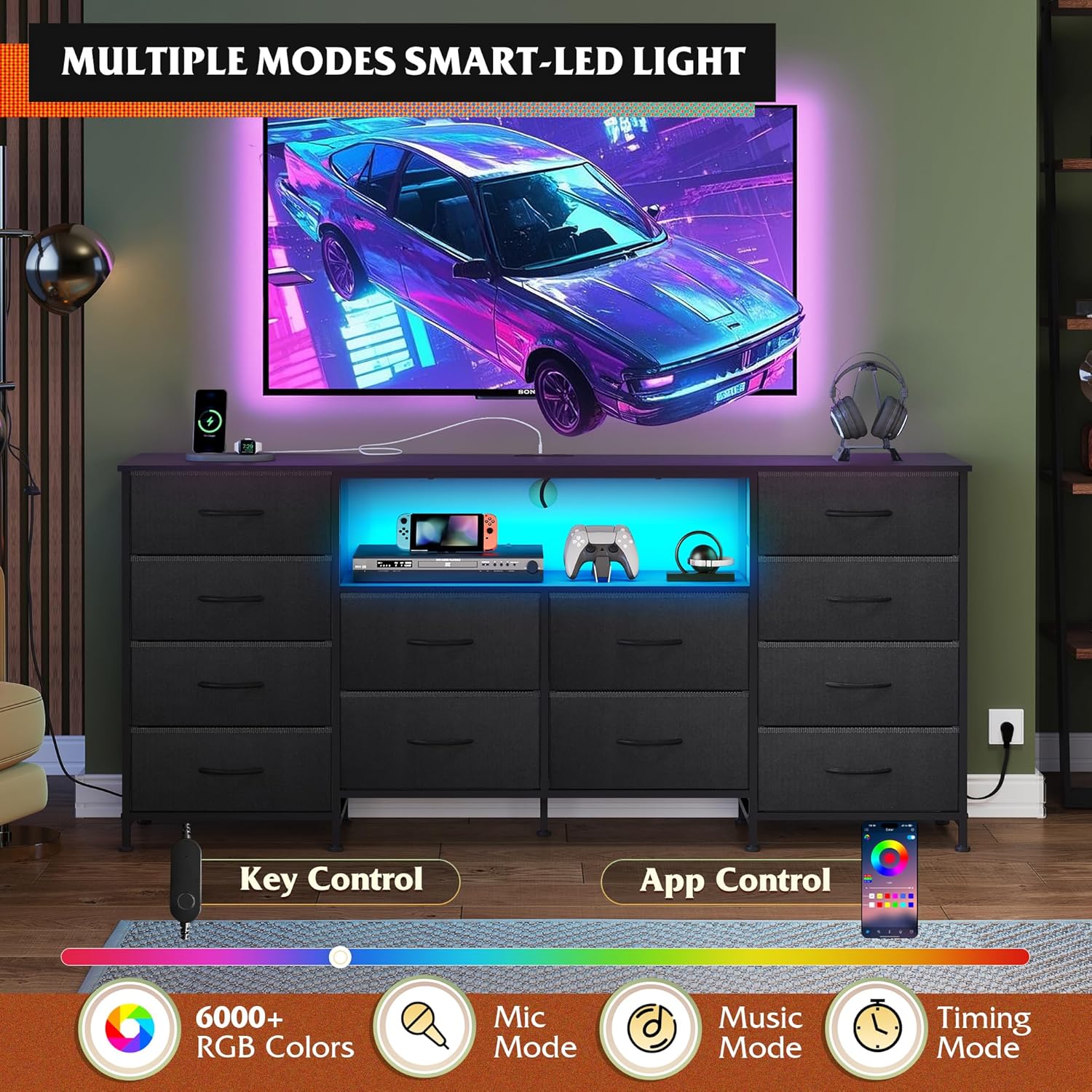 WLIVE 12 Drawer Dresser for Bedroom, Black Dresser TV Stand for 65, 70, 75 inch TV with Led Light & Charging Station, Wide Chest of Drawers with Open Shelves, Fabric Dressers for Closet, Living Room