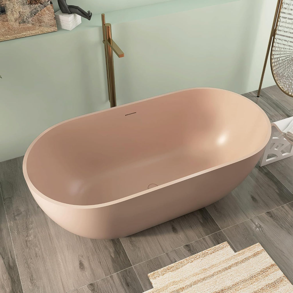 Premium 59' Pink-Sandstone Solid Surface Free Standing Tub, Upgraded Oval Resin Stone Bathtub with Overflow and Pop-up Drain