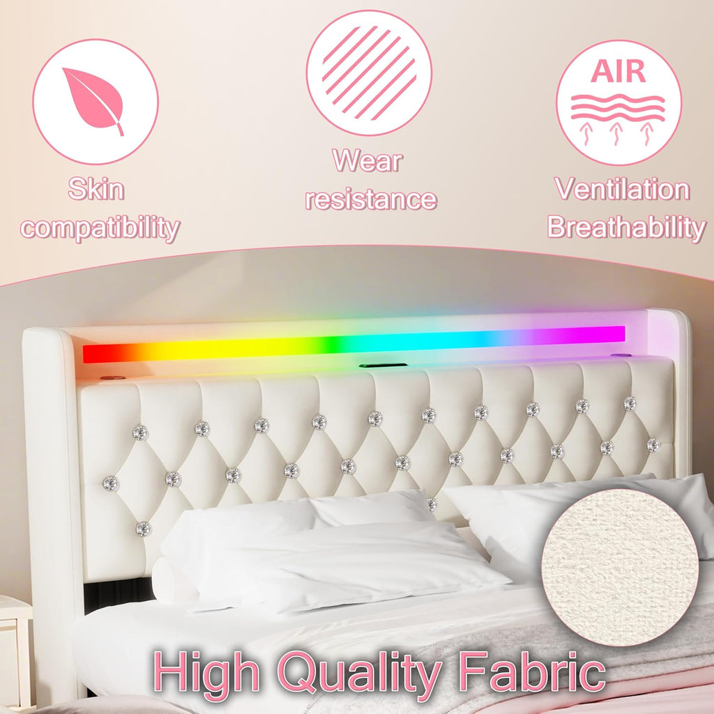 Queen Bed Frame with Bluetooth Speakers,USB & Type-C Charging Station & LED Headboard and Footboard & 4 Drawers Storage,Wooden Slats Support,Velvet Upholstered Bed,Easy Assembly,Beige