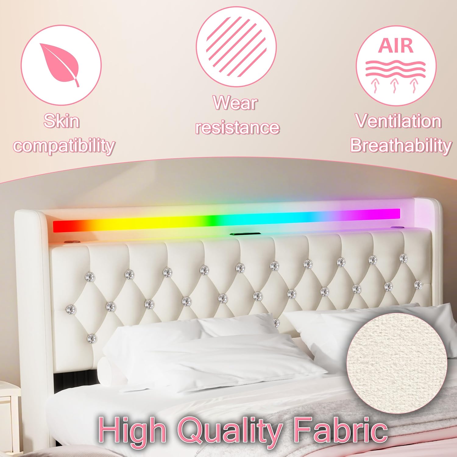Beige Full Bed Frame with Bluetooth Speakers,LED Headboard and Footboard & USB & Type-C Charging Station & 4 Drawers Storage,Wooden Slats Support,Velvet Upholstered Bed,Easy Assembly