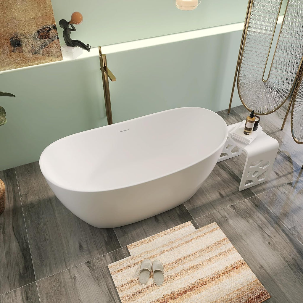 55' Premium Solid Surface Freestanding Bathtubs, Contemporary Design Stand Alone Stone Resin Tub with Overflow and Pop-up Drain, Matte White