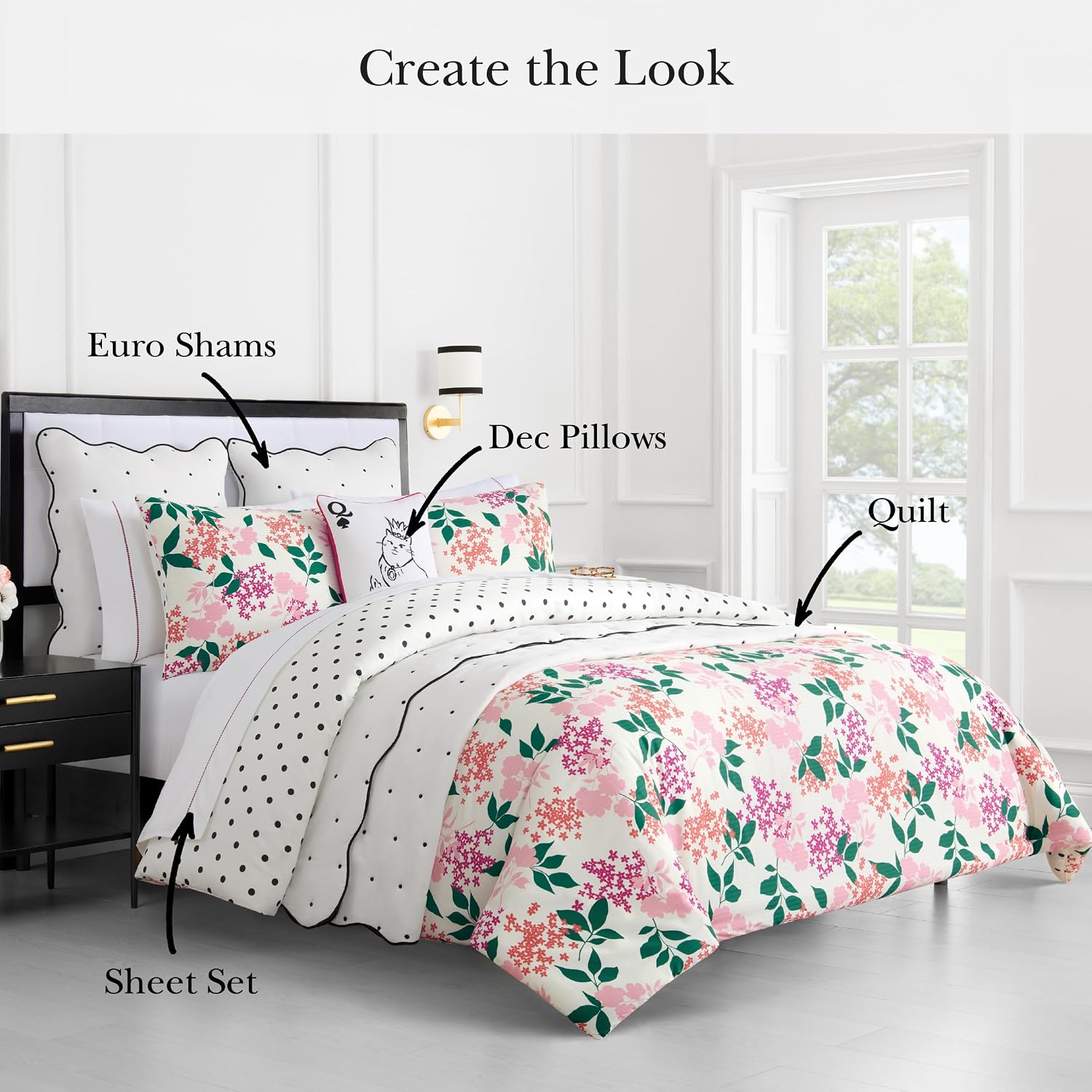 kate spade new york Bold Blossoms Full/Queen Comforter Set, 300 Thread Count Cotton Reversible Cover, All Season 3 Piece Bedding, Machine Washable, Floral Multicolor