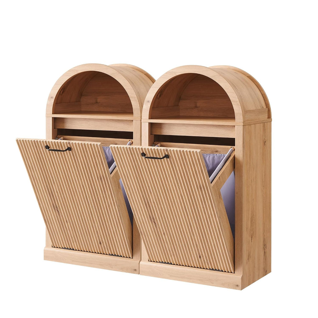 IFGET Arched Tilt-Out Trash Can Cabinet, Fluted 10 Gallon Trash Can Cabinet Set of 2, Modern Laundry Hamper, Hidden Garbage with Storage Basket for Kitchen, Living Room, Natural
