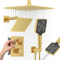 Iriber Thermostatic Shower System with Adjustable Water Flow Push Button Diverter, Square Dual Shower Heads Faucet Set with Handheld Spray, Brushed Gold Shower Mixer Valve Trim Kit (Valve Included)