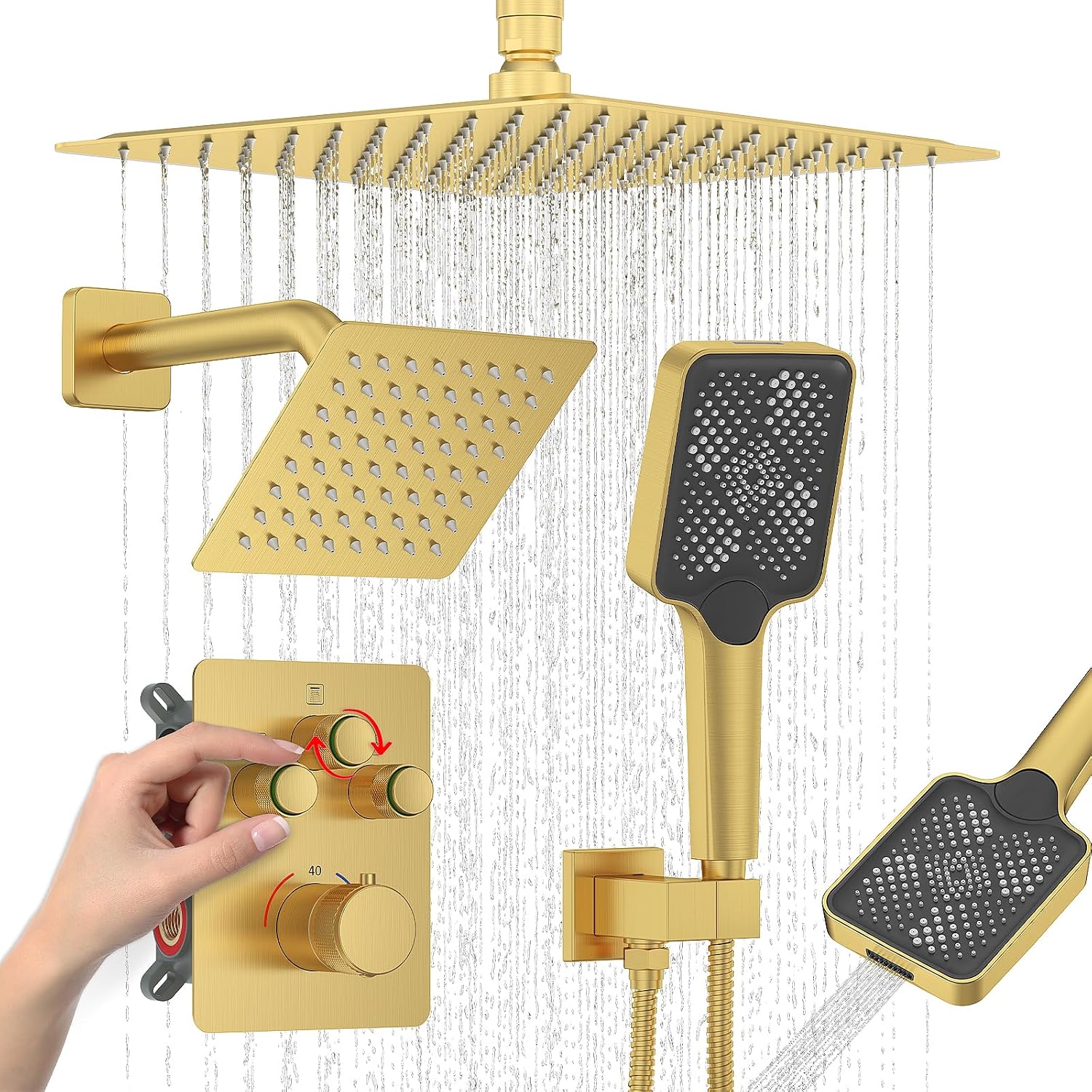 Iriber Thermostatic Shower System with Adjustable Water Flow Push Button Diverter, Square Dual Shower Heads Faucet Set with Handheld Spray, Brushed Gold Shower Mixer Valve Trim Kit (Valve Included)
