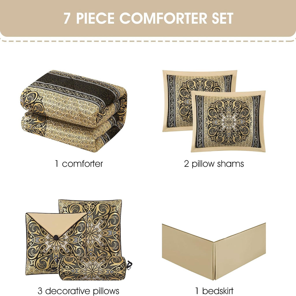 Grand Avenue Medallion 7 Piece Black Gold Comforter Set, King Size Jacquard Bedding, All Season Bedding Set, Bed Skirt, Pillows & Shams