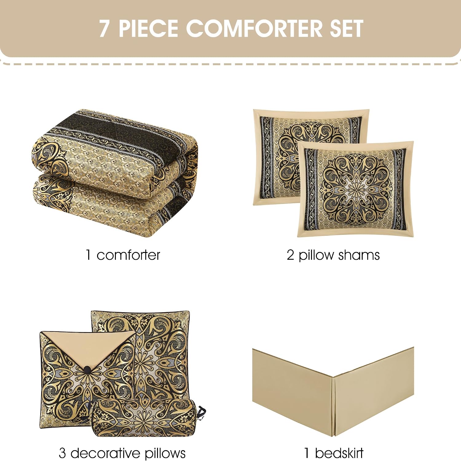 Grand Avenue Medallion 7 Piece Black Gold Comforter Set, King Size Jacquard Bedding, All Season Bedding Set, Bed Skirt, Pillows & Shams