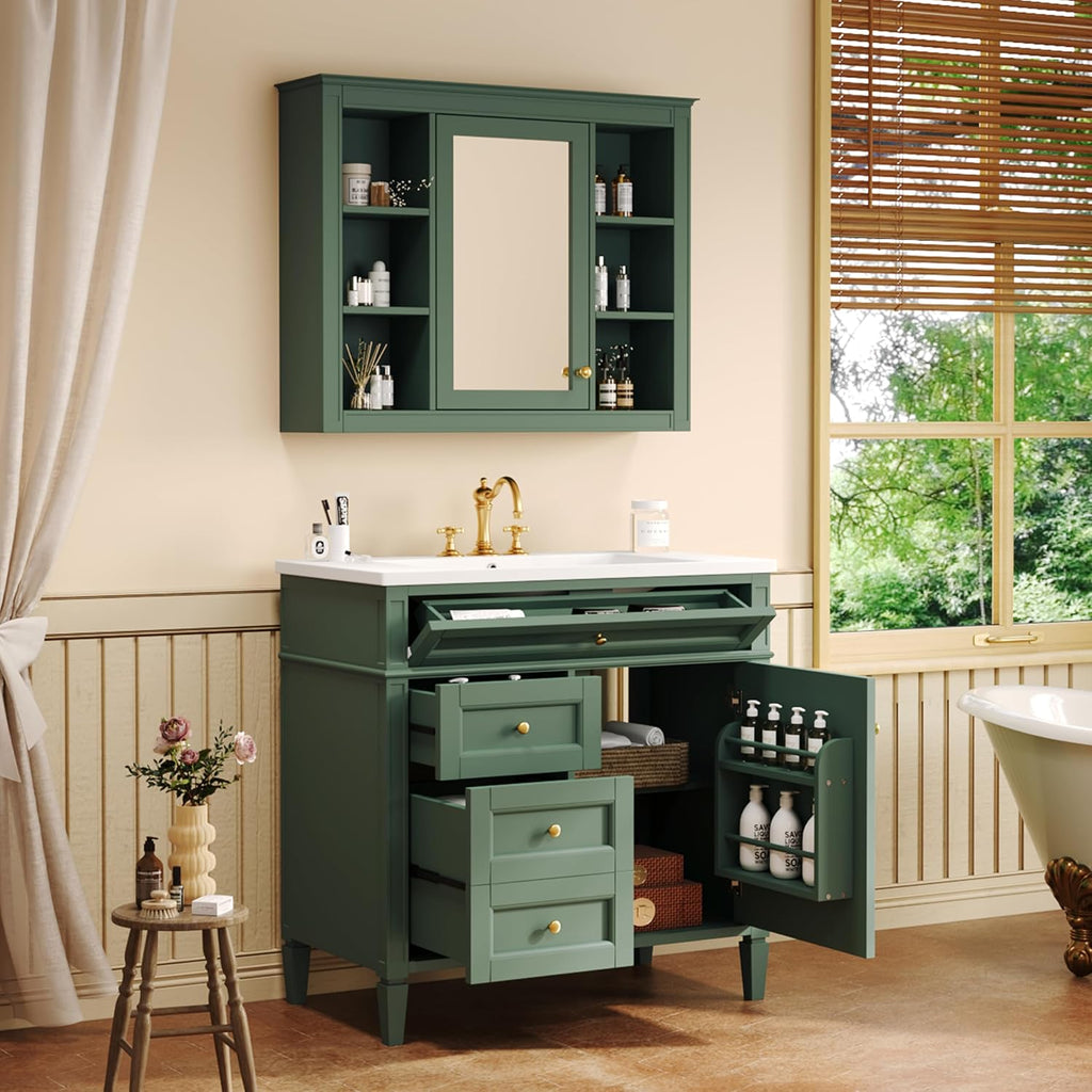 Merax 36'' Bathroom Vanity with Medicine Cabinet, Royal Blue Mirror Cabinet, Modern Bathroom Storage Cabinet with 2 Soft Closing Doors and 4 Drawers,Green