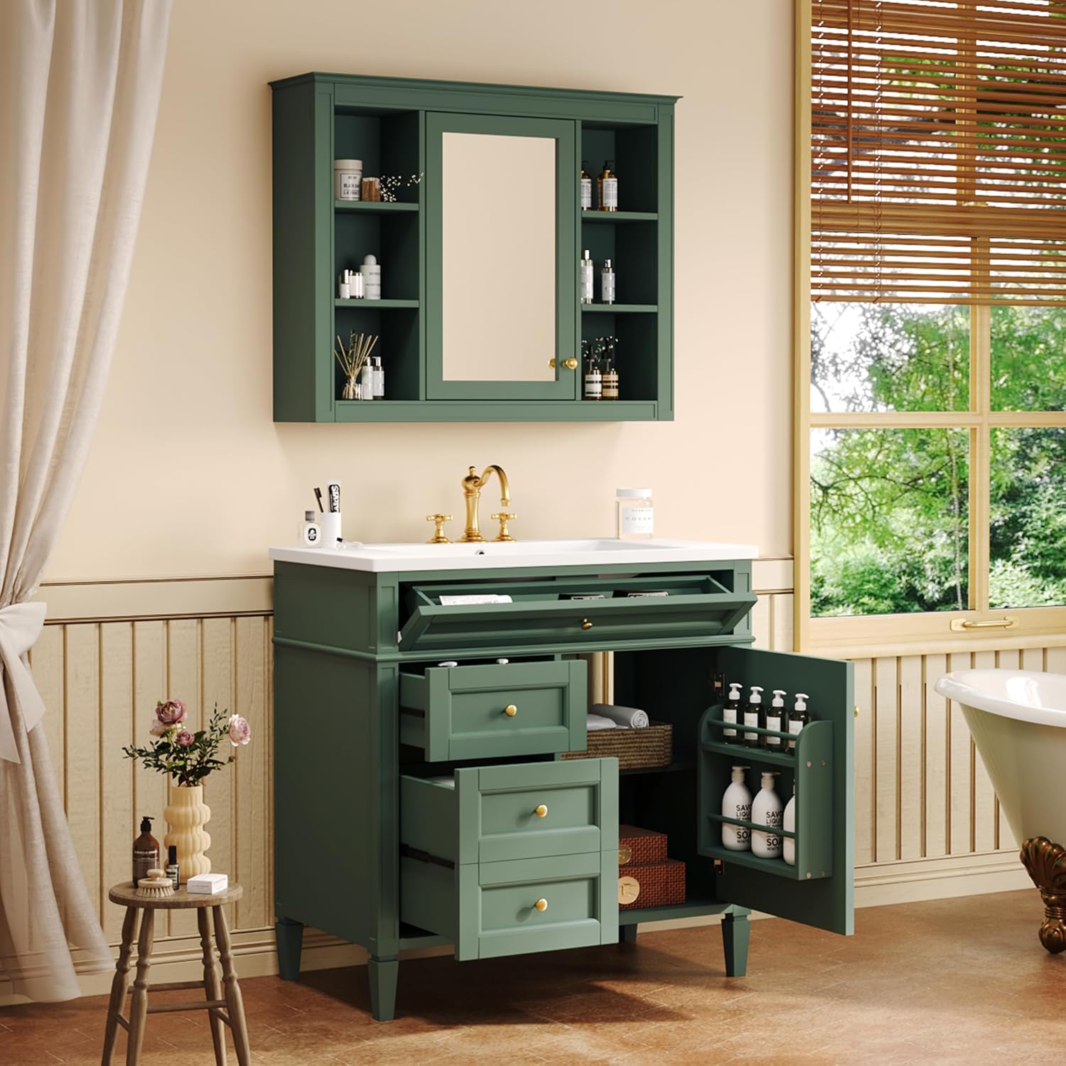 Merax 36'' Bathroom Vanity with Medicine Cabinet, Royal Blue Mirror Cabinet, Modern Bathroom Storage Cabinet with 2 Soft Closing Doors and 4 Drawers,Green