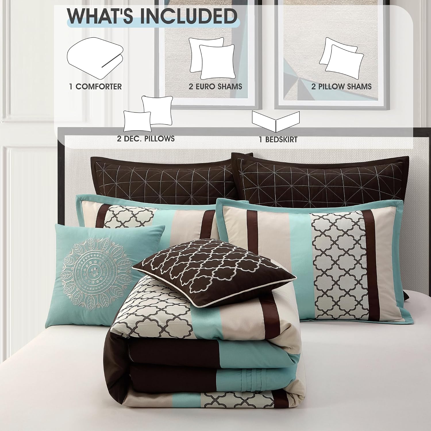 LANCO MODERN LIFESTYLE Queen Comforter Set, Aqua Brown Bedding Set, Jacquard Woven with Embroidery, 8 Pieces Bed in a Bag, Bed Skirt, Shams and Decorative Pillows