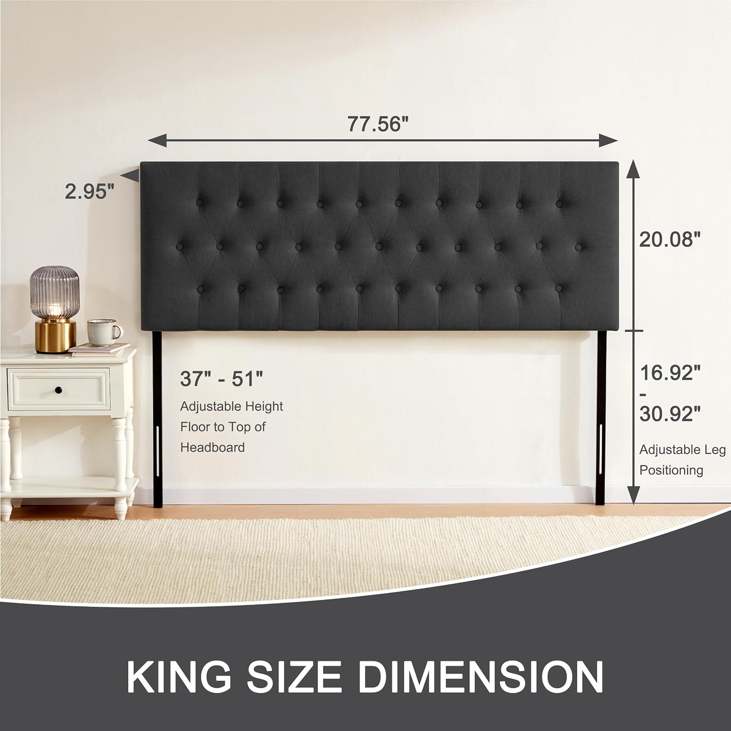 Huatean Home Tufted Upholstered Headboard King Size, Solid Wood Head Board with Durable Metal Legs, Adjustable Height Bed headboard from 37' to 51' Fabric Headboard in Modern Button Design (Black)