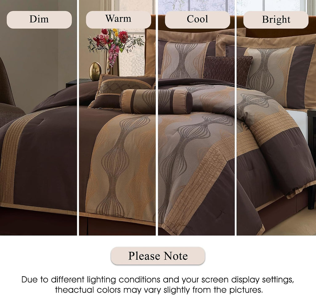 Stratford Park Elegant Brown Comforter Set Queen 7 Piece Bed in a Bag, Striped, Jacquard Bedding Set All Season, Matching Decorative Pillows, Pillow Sham