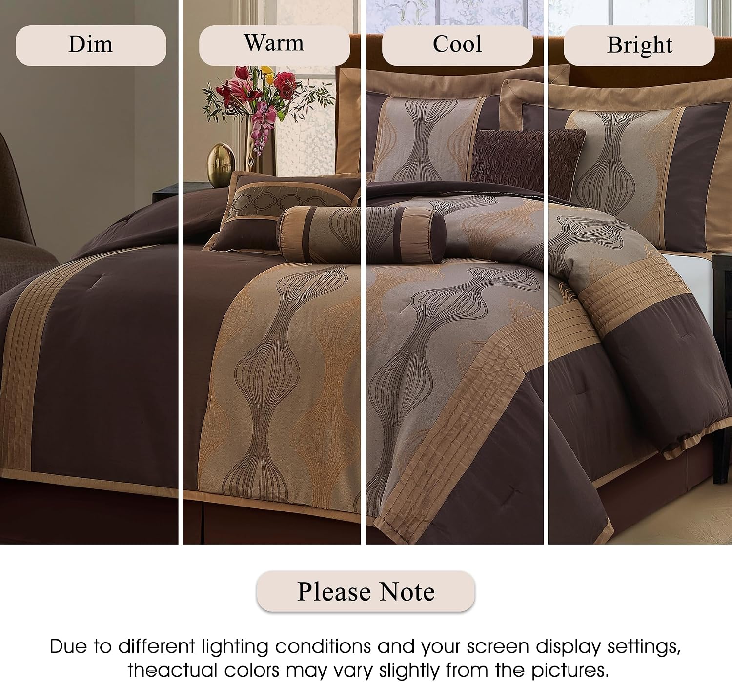 Stratford Park Elegant Brown Comforter Set Queen 7 Piece Bed in a Bag, Striped, Jacquard Bedding Set All Season, Matching Decorative Pillows, Pillow Sham