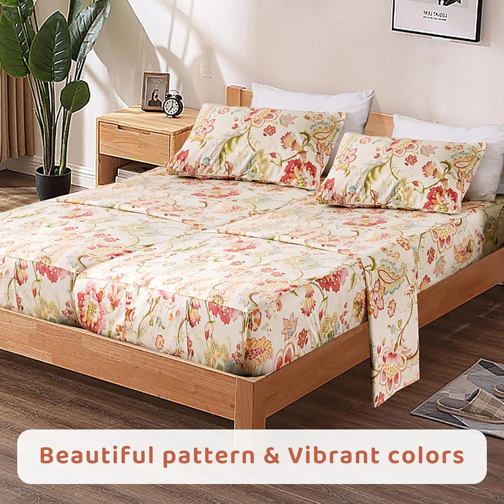 QSH 100% Egyptian Cotton Floral Sheets for Split King Size Bed, Red Yellow Flowers Plant Pattern Botanical Printed Bedding Deep Pockets 17' Soft and Breathable 4pcs
