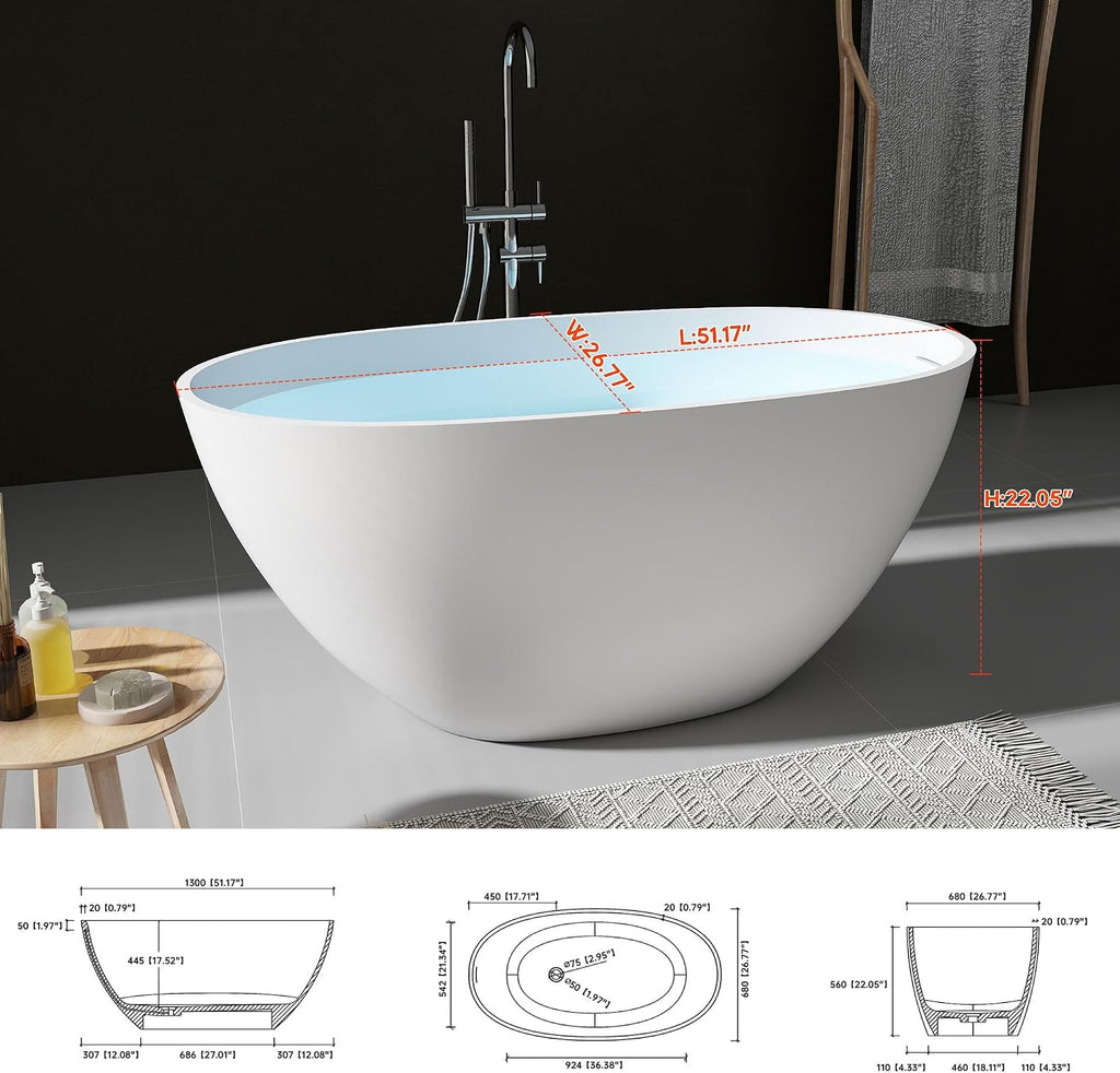 SJ STAR&JANE 51' Solid Surface Freestanding Bathtub, Stone Resin Oval Soaking Tub, Matte White，with Pop-up Drain & Overflow