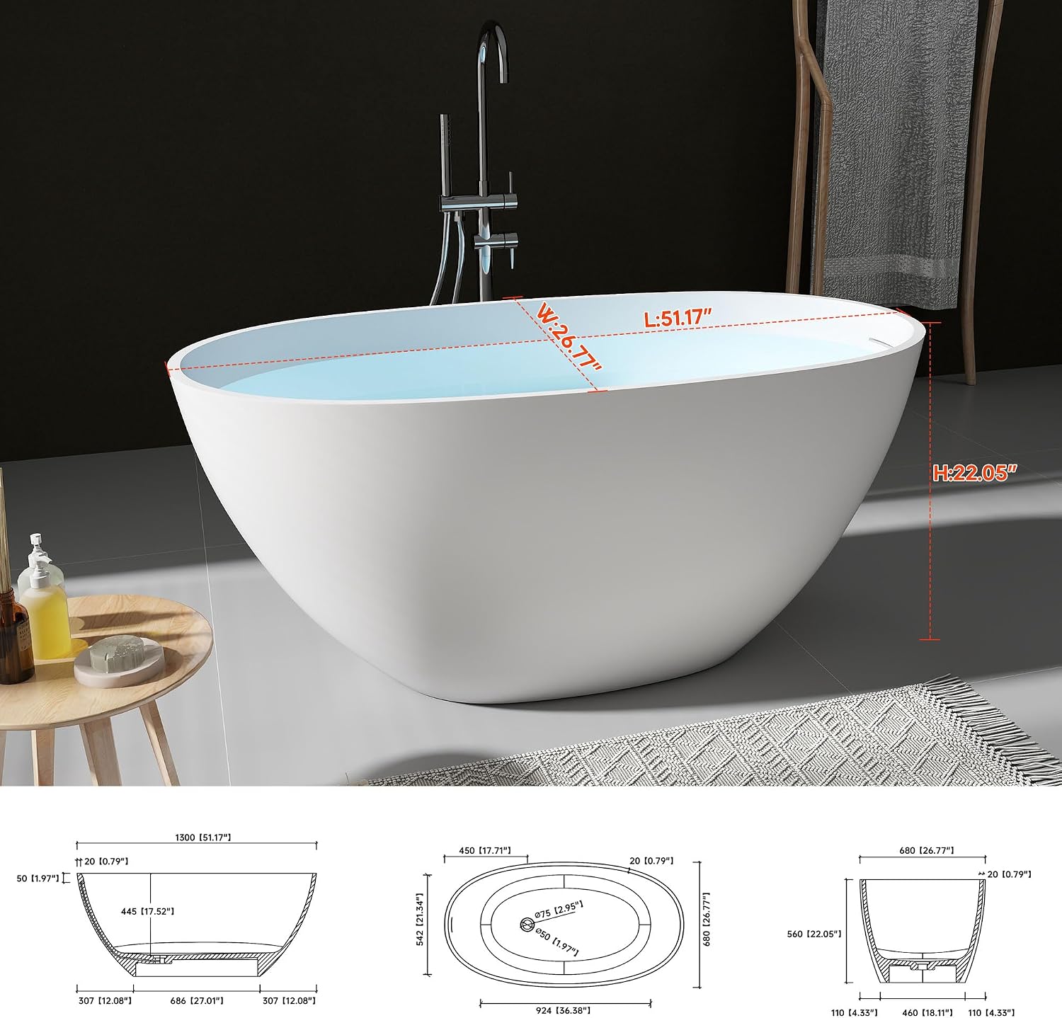 SJ STAR&JANE 51' Solid Surface Freestanding Bathtub, Stone Resin Oval Soaking Tub, Matte White，with Pop-up Drain & Overflow