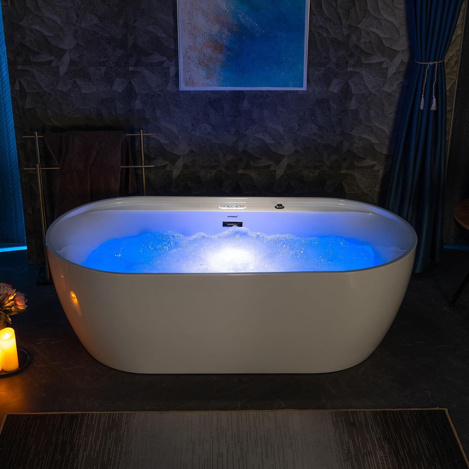 WOODBRIDGE 72' x 35-3/8' Whirlpool and Air Bath Heated Soaking Combination Tub with Adjustable Speed Air Blower and Display Control Panel, Matte Black Finish Trim and Drain Kit,BM-500