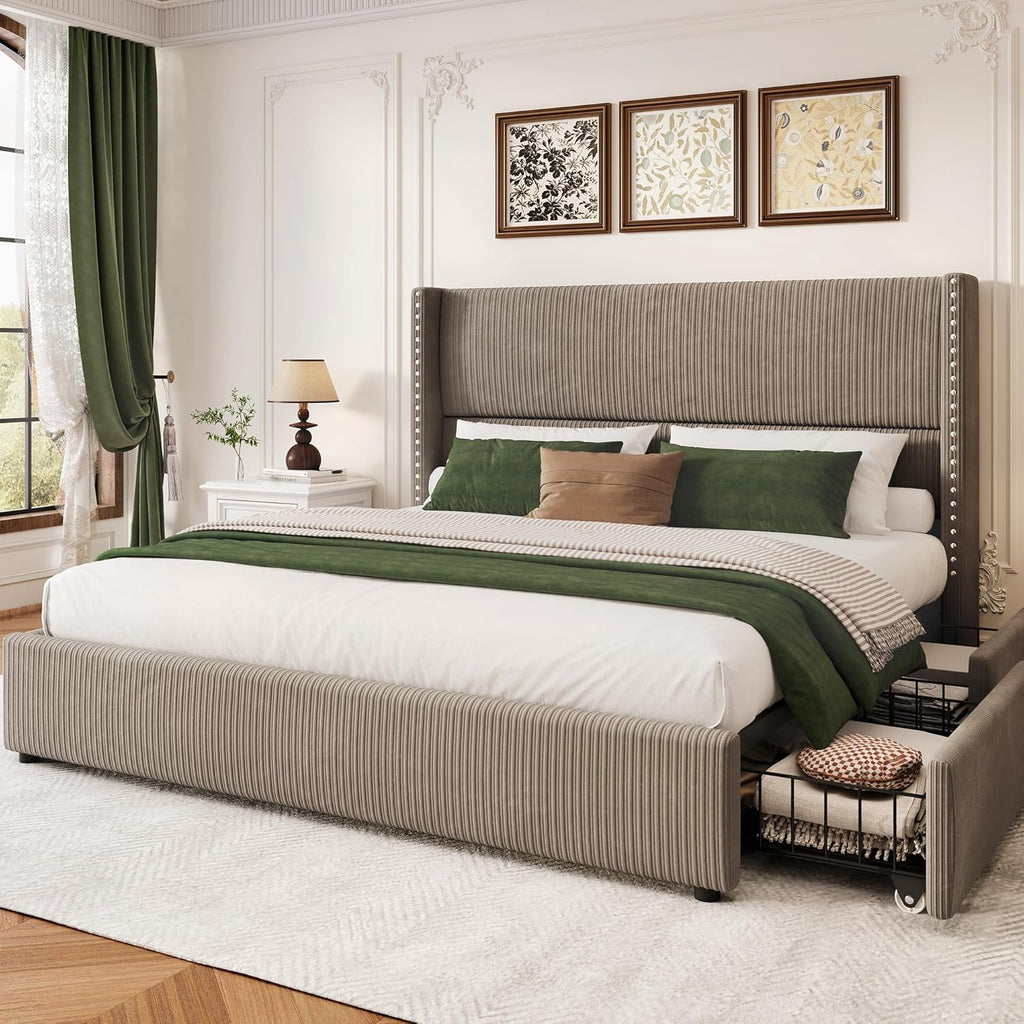 LARMACE Queen Size Bed Frame with 4 Storage Drawers Queen Bed Frame with Headboard Upholstered Corduroy Platform Bed with Vertical Stripe,Solid Wood Leg/No Box Spring Needed/Noise Free,Brown