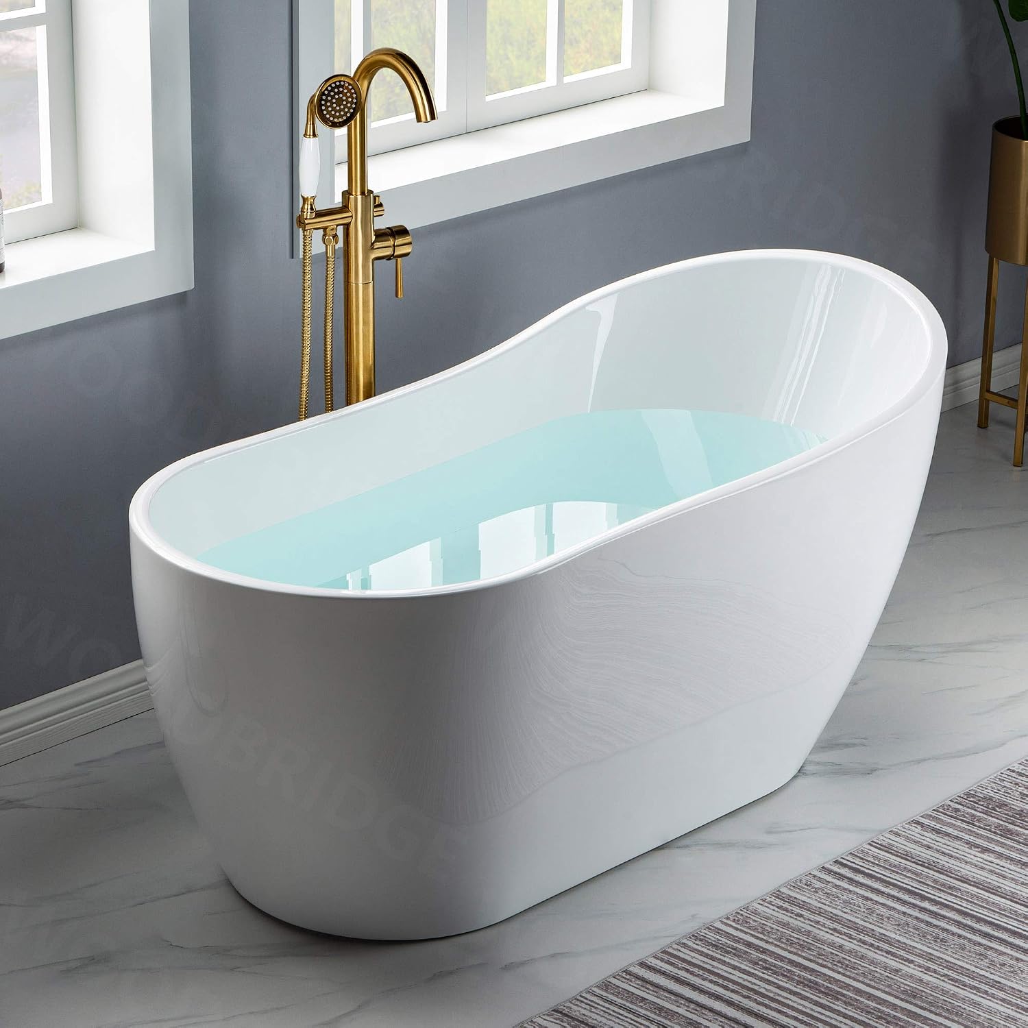 WOODBRIDGE 59' Acrylic Freestanding Bathtub Contemporary Soaking White Tub with Brushed Gold Overflow and Drain， B1530 -BG-Drain &O