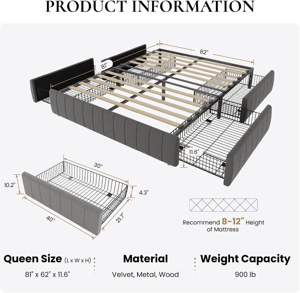 SHA CERLIN Queen Size Velvet Upholstered Platform Bed Frame with 4 Storage Drawers, Vertical Channel Tufted, Low Profile, Fits Standard Headboards, Wooden Slats Support, Easy Assembly, Grey