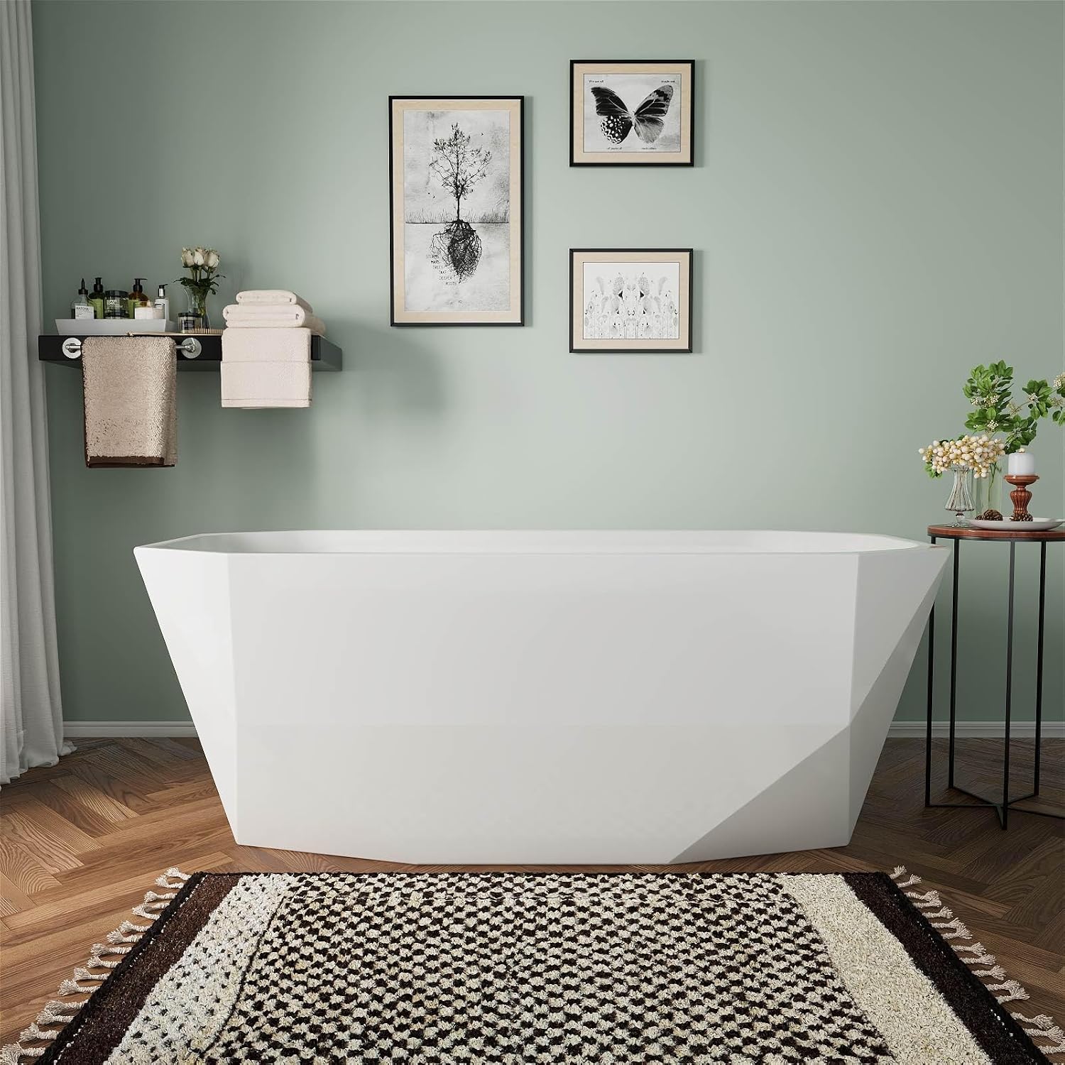 67' Acrylic Freestanding Bathtub, Irregular Diamond Shape Free Standing Tub, Soaking Tub with Integrated Slotted Overflow, Toe-Tap Chrome Drain, cUPC Certified, Glossy White