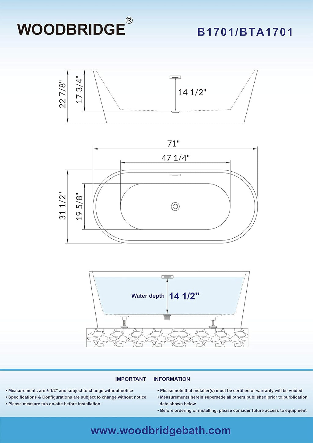 WOODBRIDGE 71' Acrylic Freestanding Bathtub Contemporary Soaking White Tub with Brushed Gold Overflow and Drain,B1701-BG