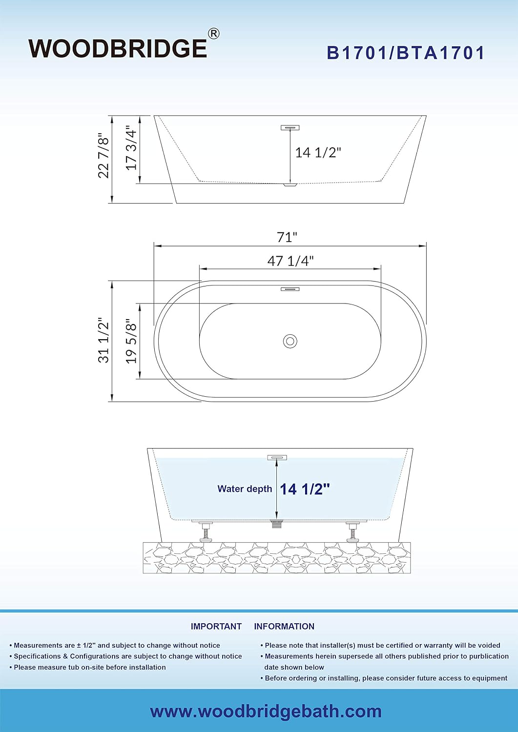 WOODBRIDGE 71' Acrylic Freestanding Bathtub Contemporary Soaking White Tub with Matte Black Overflow and Drain,White,B1701 MB