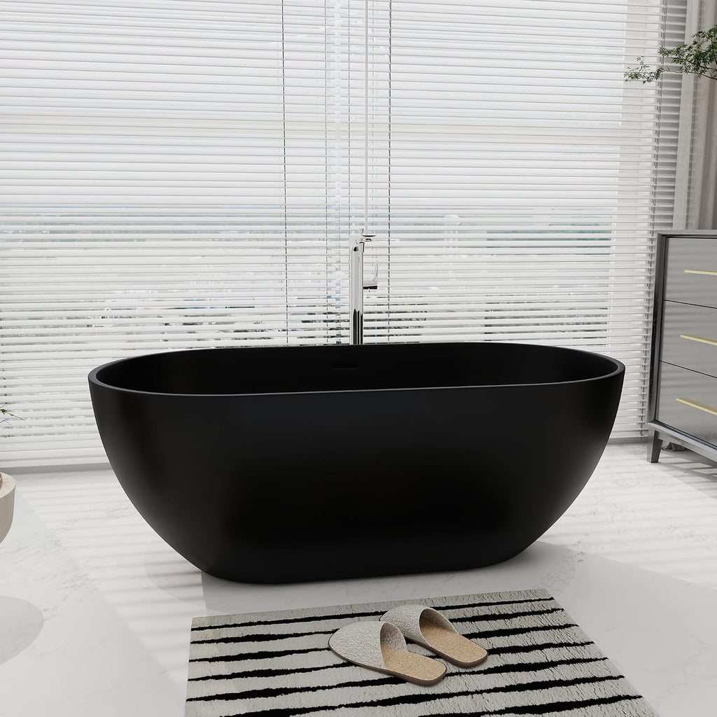 SJ STAR&JANE 59' Solid Surface Freestanding Bathtub Oval Stone Resin Soaking Tub Modern Stand Alone Tub with Overflow & Pop-up Drain, Matte Black for Bathrooms