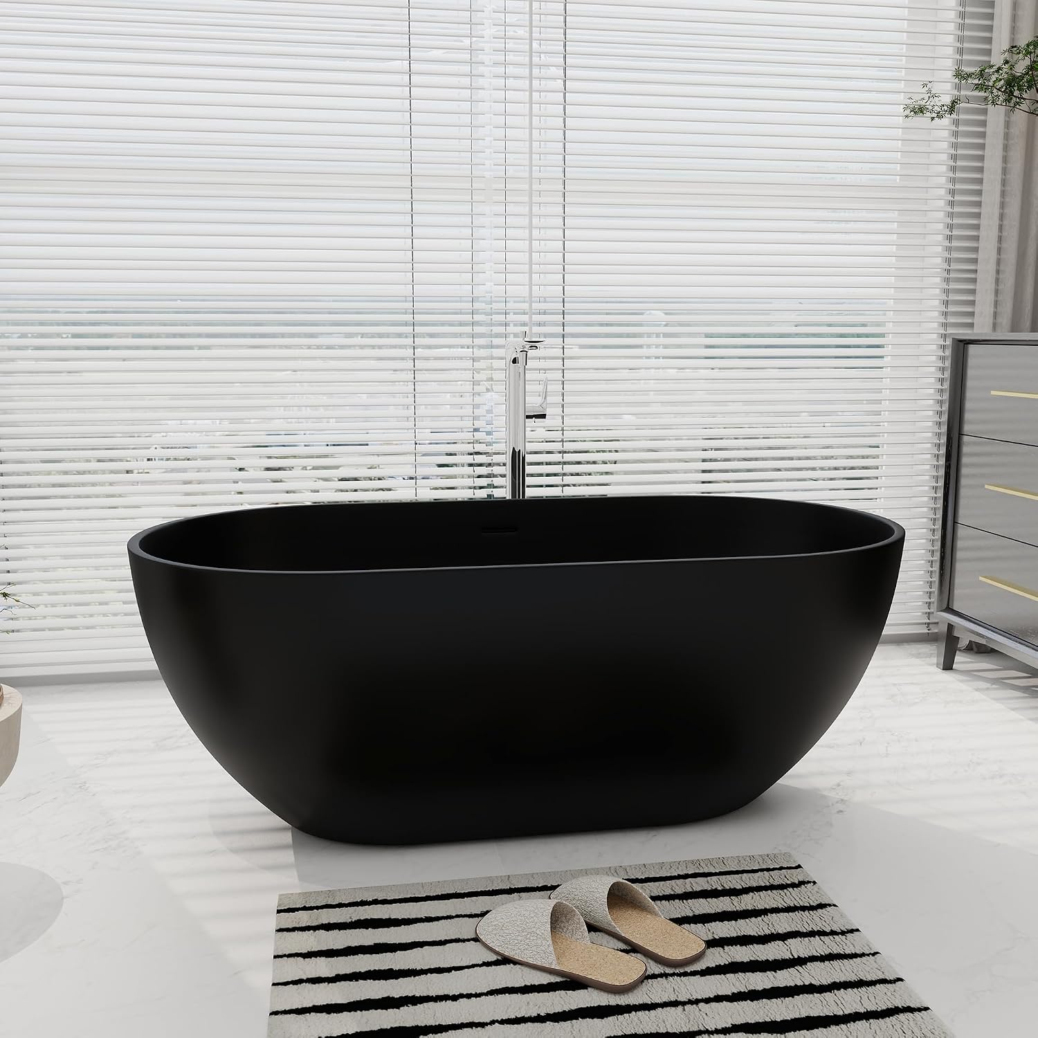 SJ STAR&JANE 59' Solid Surface Freestanding Bathtub Oval Stone Resin Soaking Tub Modern Stand Alone Tub with Overflow & Pop-up Drain, Matte Black for Bathrooms