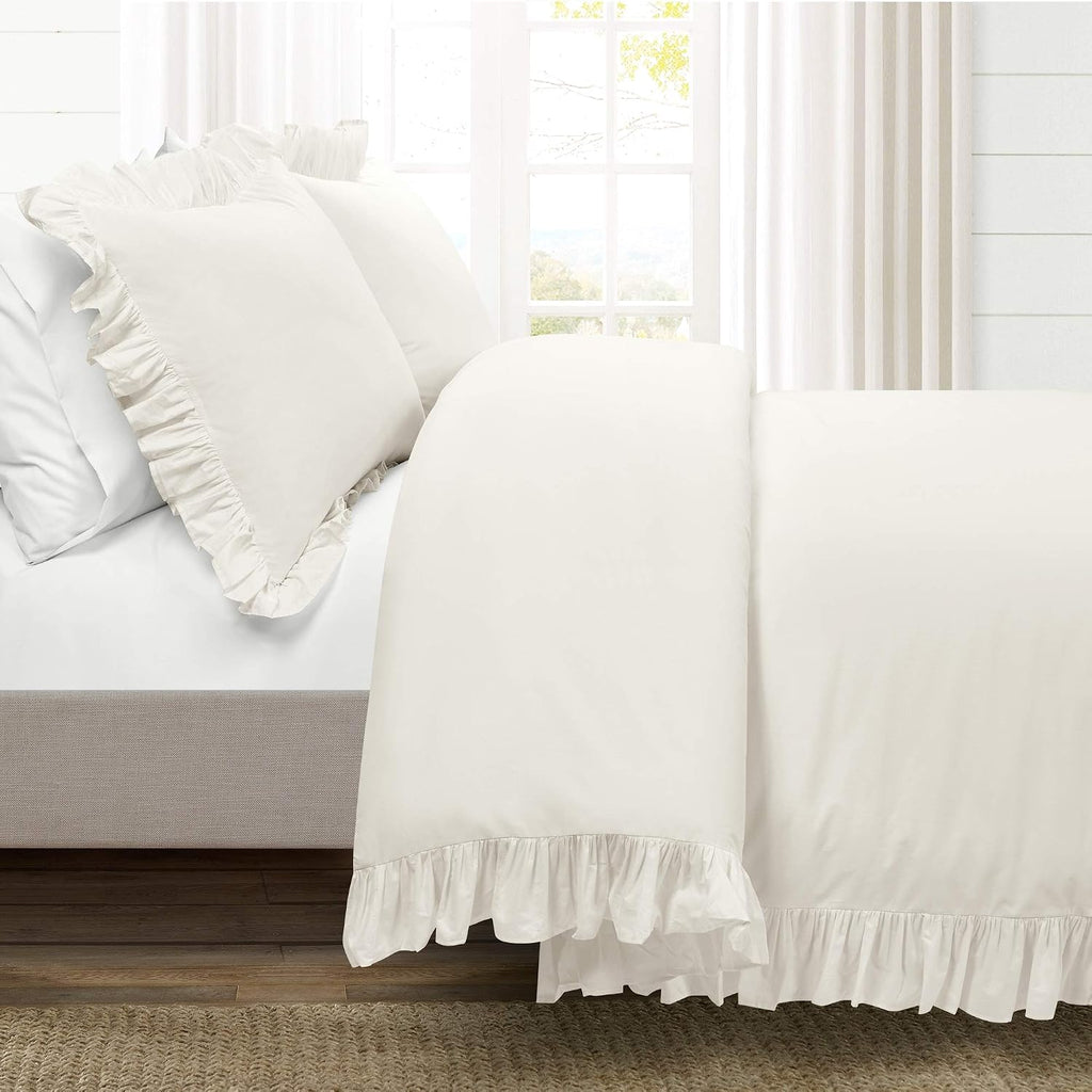 Lush Decor Reyna Ruffle Cotton Duvet Cover Set 3 Piece Set California King, White - King Size Bedding Set - White Duvet King - Ruffled Bedding - Coquette Decor