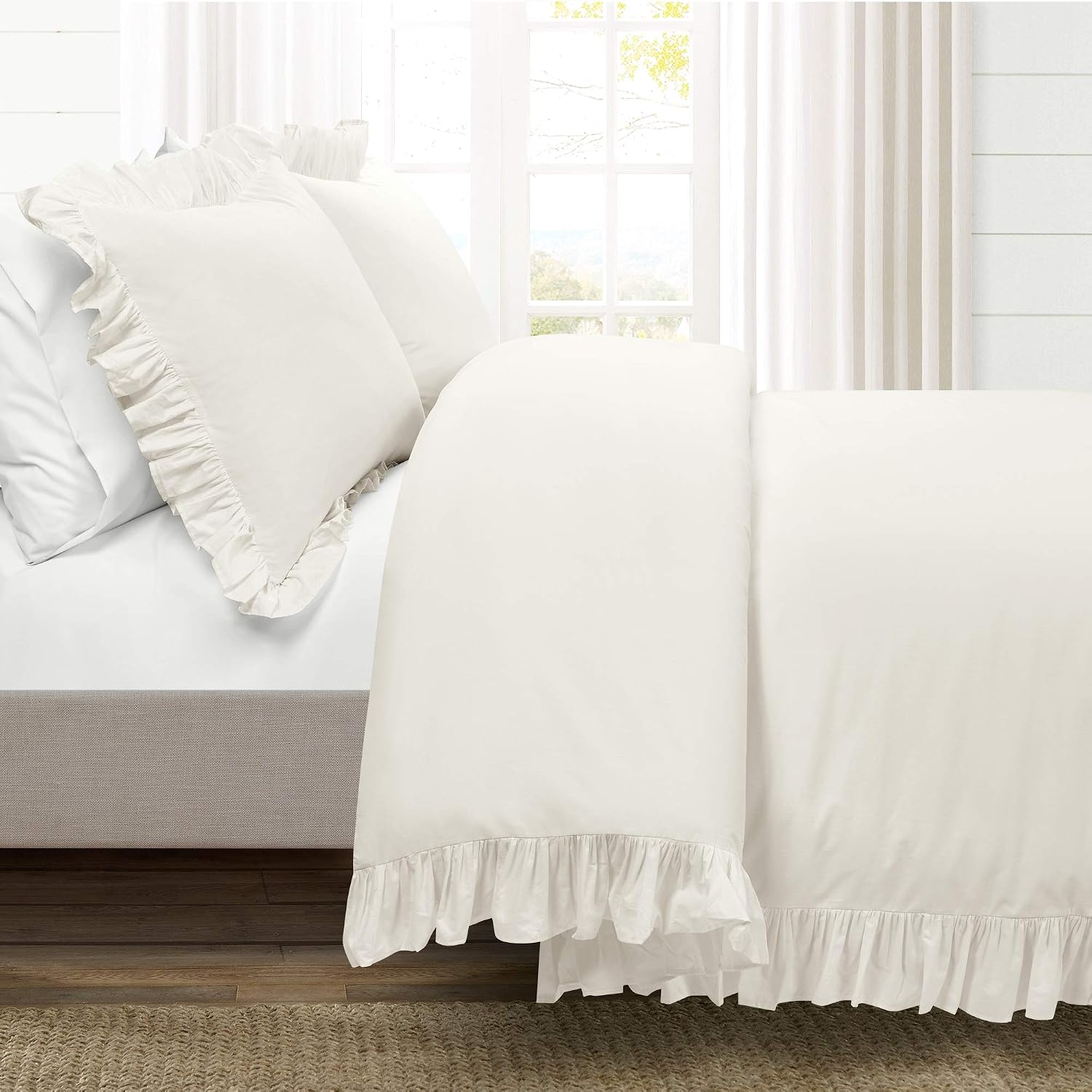 Lush Decor Reyna Ruffle Cotton Duvet Cover Set 3 Piece Set California King, White - King Size Bedding Set - White Duvet King - Ruffled Bedding - Coquette Decor