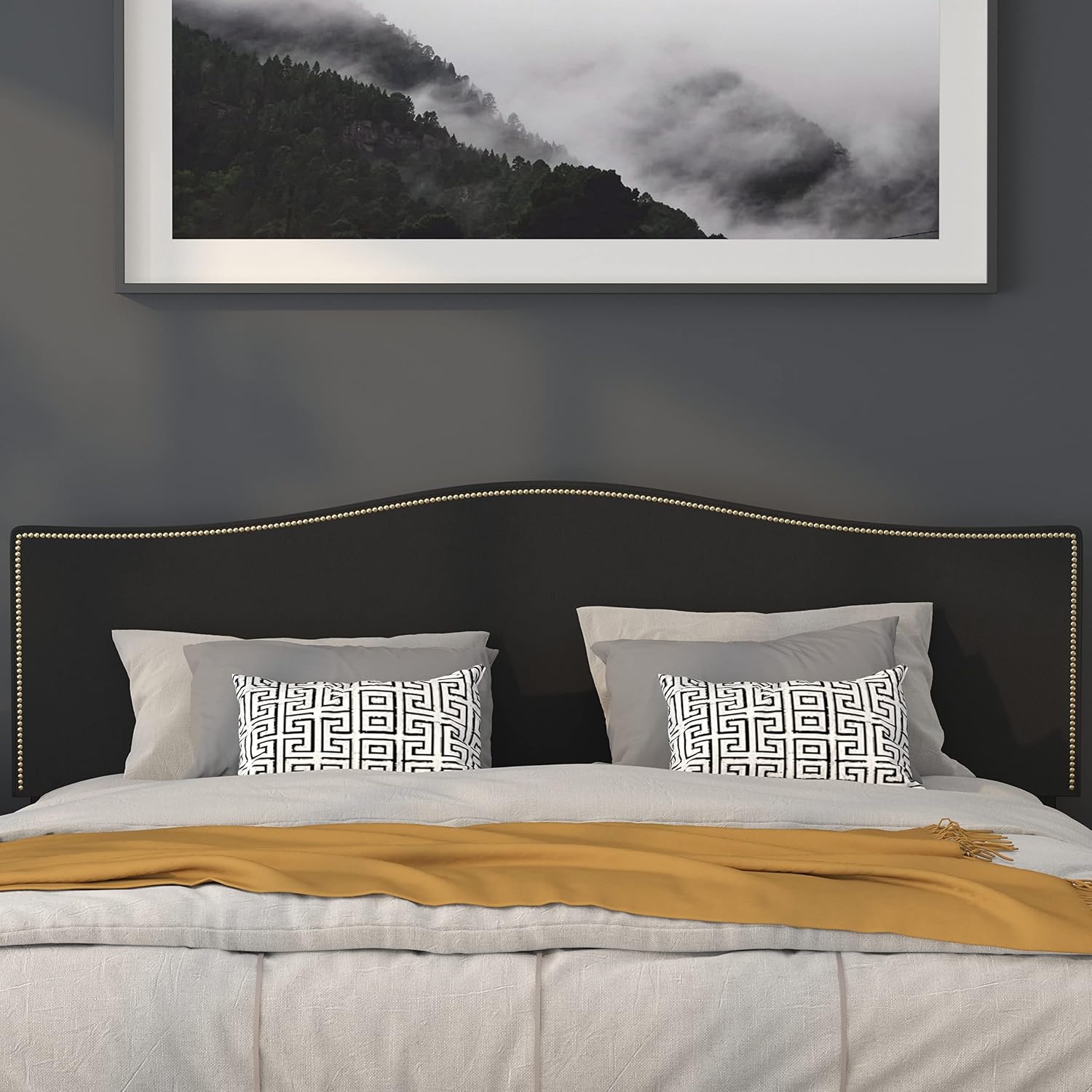 Flash Furniture Lexington Upholstered King Size Headboard with Accent Nail Trim in Black Fabric