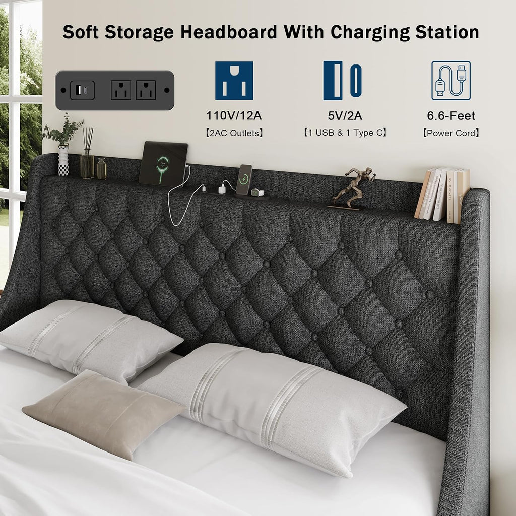 GalnFu King Size Bed Frame with 4 Storage Drawers, Giant Upholstered Wingback Headboard, Fast Charging Station, No Box Spring Needed, Noise-Free, Dark Gray