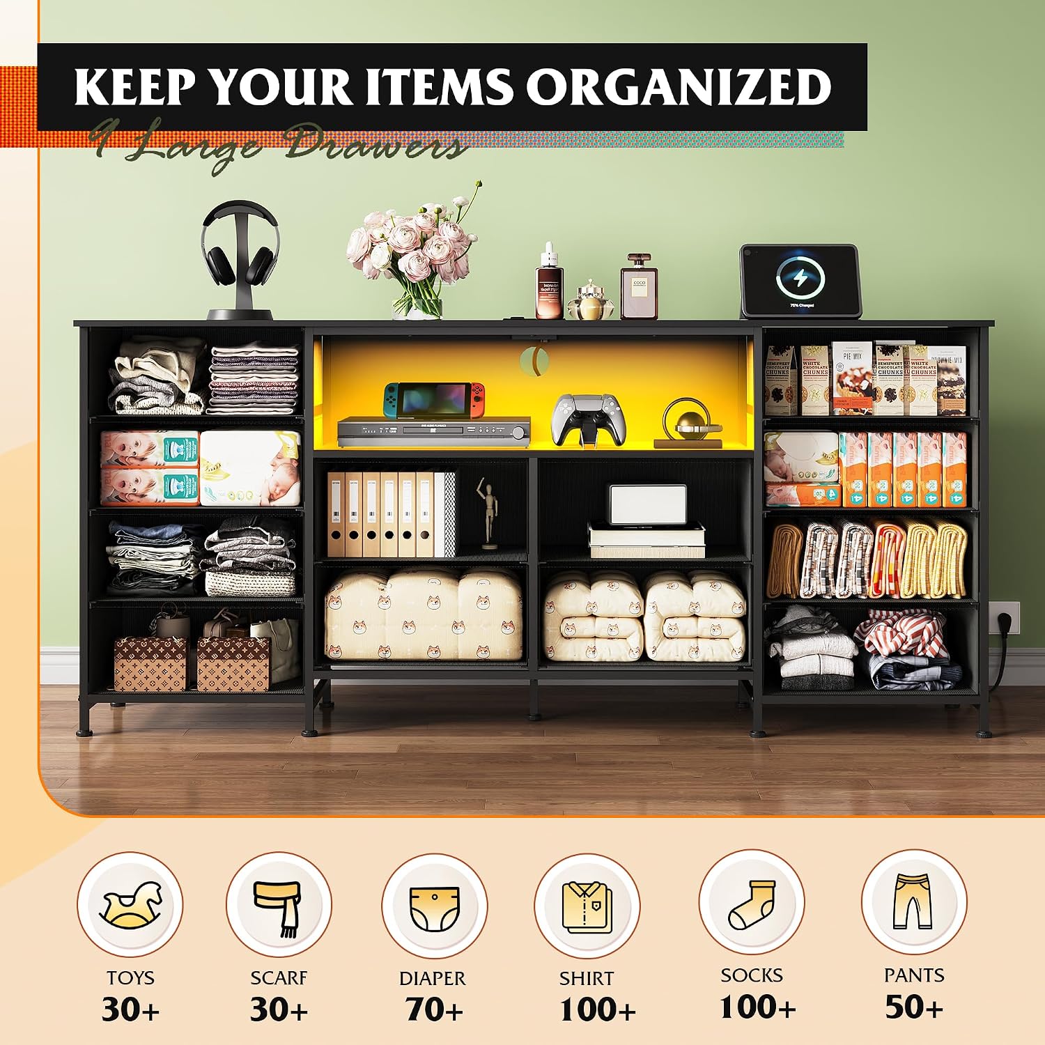 WLIVE 12 Drawer Dresser for Bedroom, Black Dresser TV Stand for 65, 70, 75 inch TV with Led Light & Charging Station, Wide Chest of Drawers with Open Shelves, Fabric Dressers for Closet, Living Room