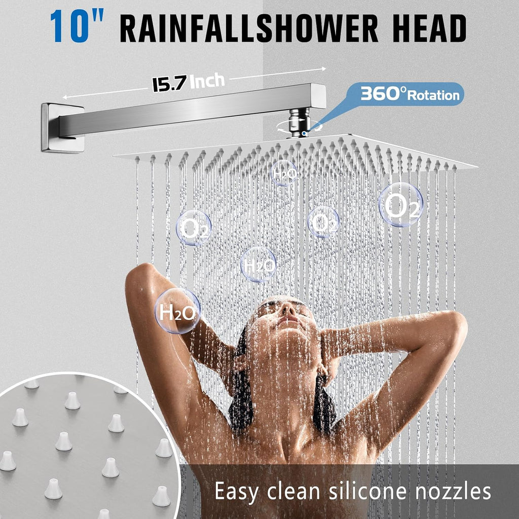 10 Inch Rainfall Shower System - Wall Mounted Complete Combo with Solid Brass Pressure Balancing Valve, High Pressure Shower Head, Handle Set & Installation Accessories Nickel