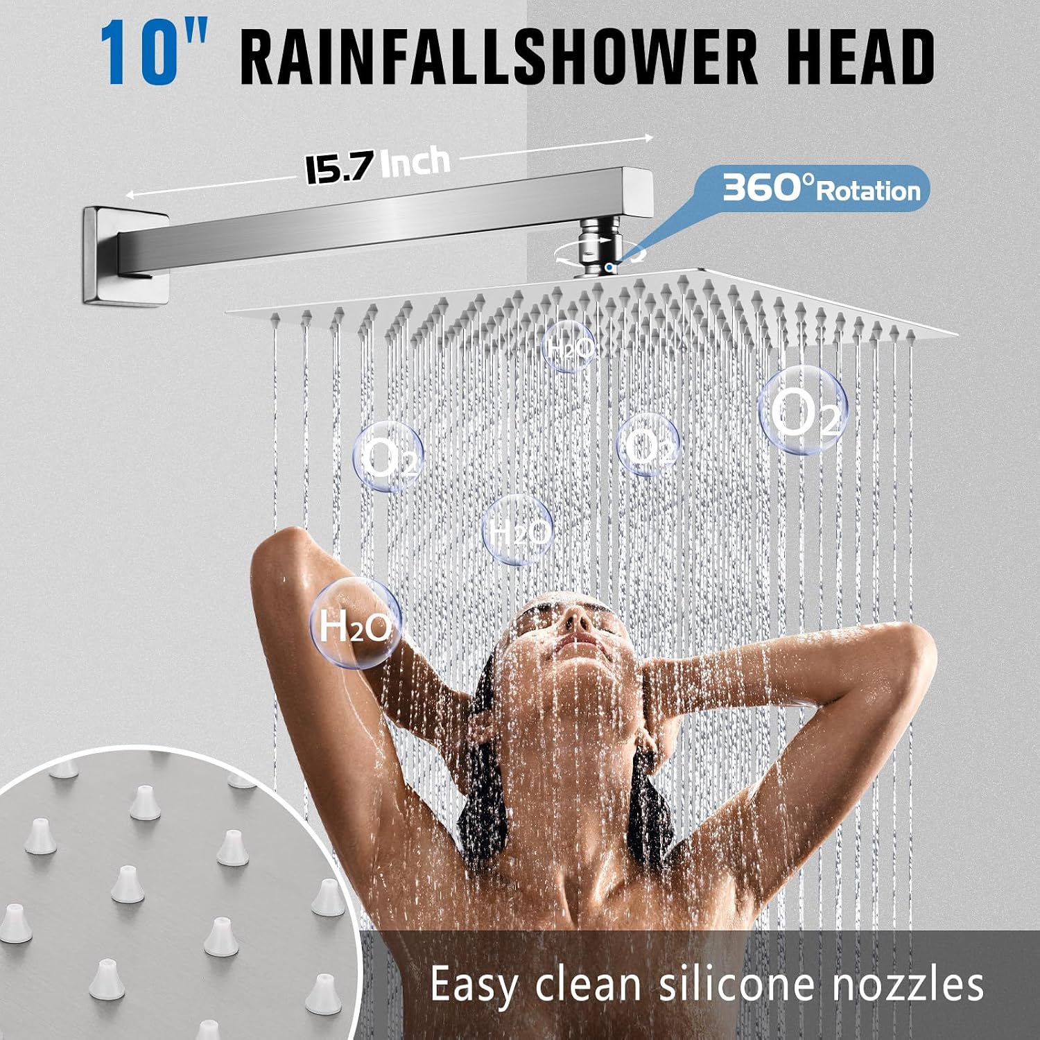 10 Inch Rainfall Shower System - Wall Mounted Complete Combo with Solid Brass Pressure Balancing Valve, High Pressure Shower Head, Handle Set & Installation Accessories Nickel